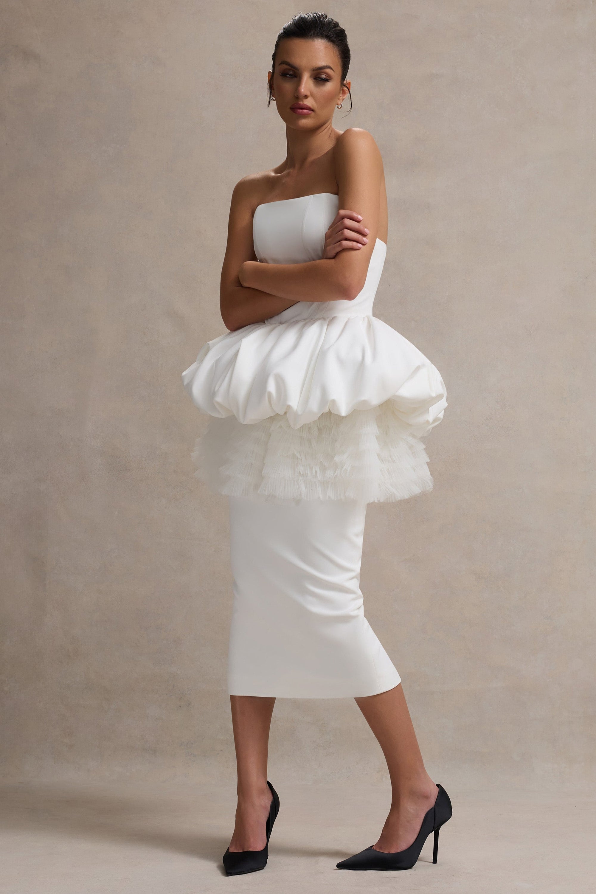 Jones | White Strapless Midi Dress With Tulle Peplum Waist - Club L London - AUS