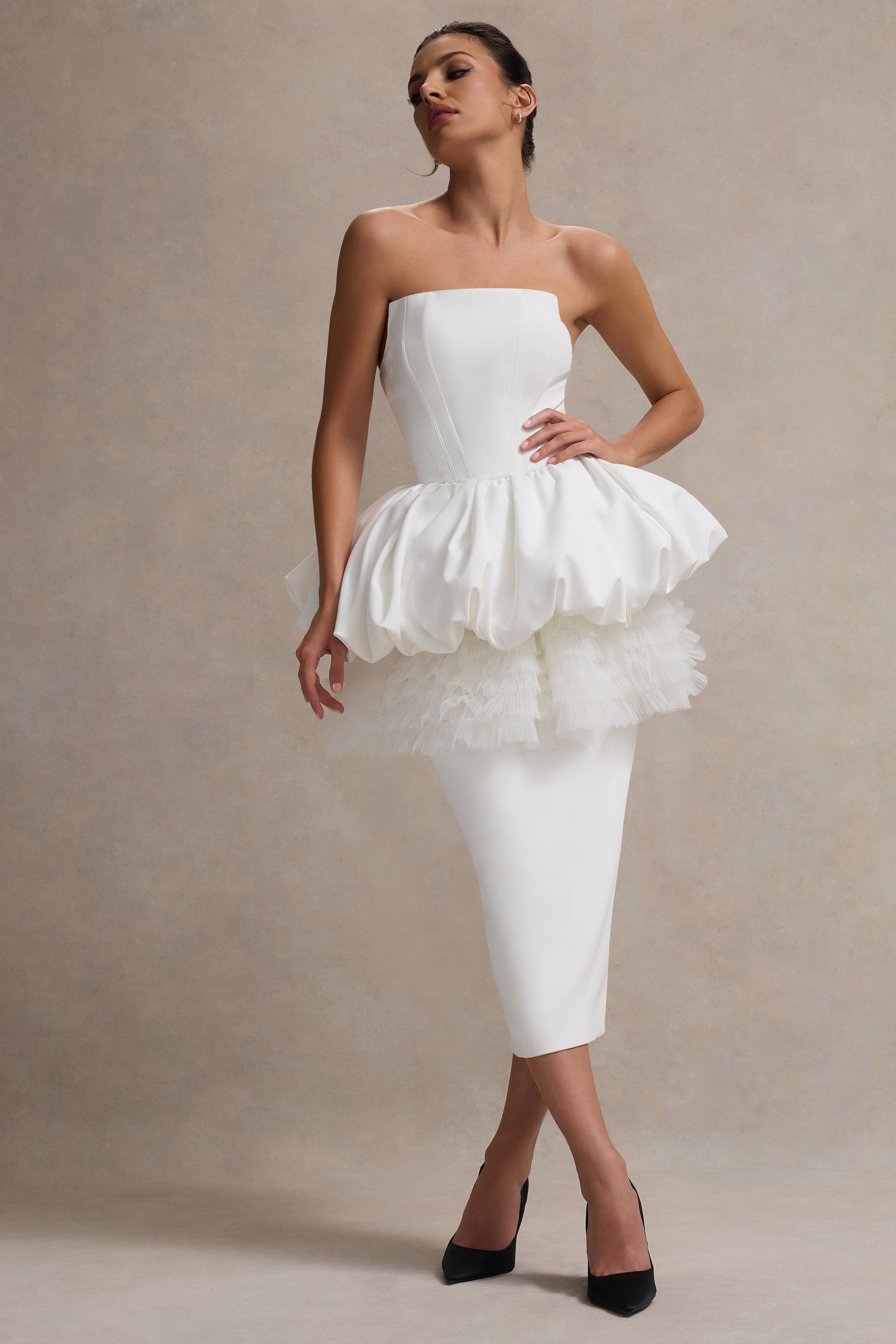 Jones | White Strapless Midi Dress With Tulle Peplum Waist - Club L London - AUS