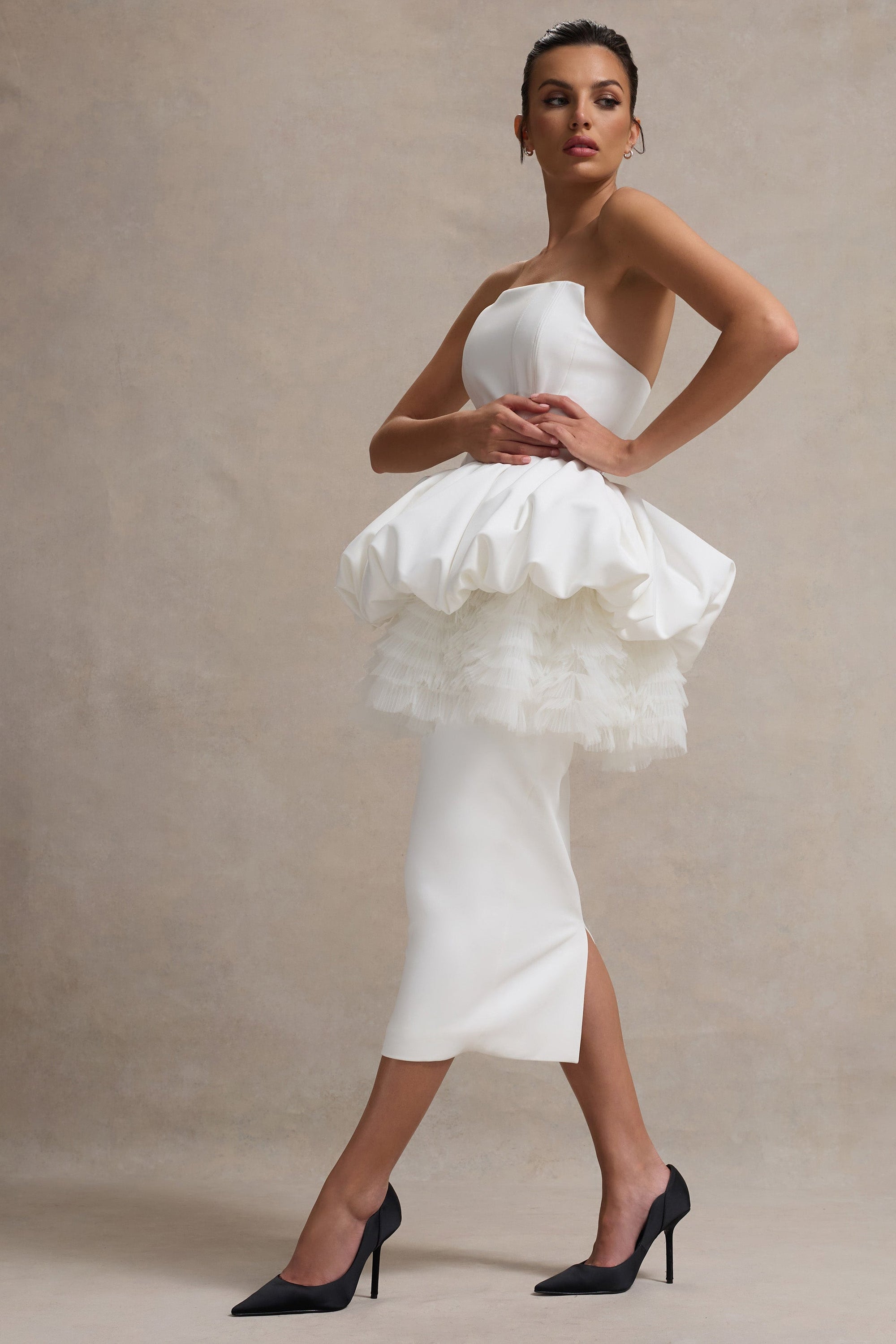Jones | White Strapless Midi Dress With Tulle Peplum Waist - Club L London - AUS