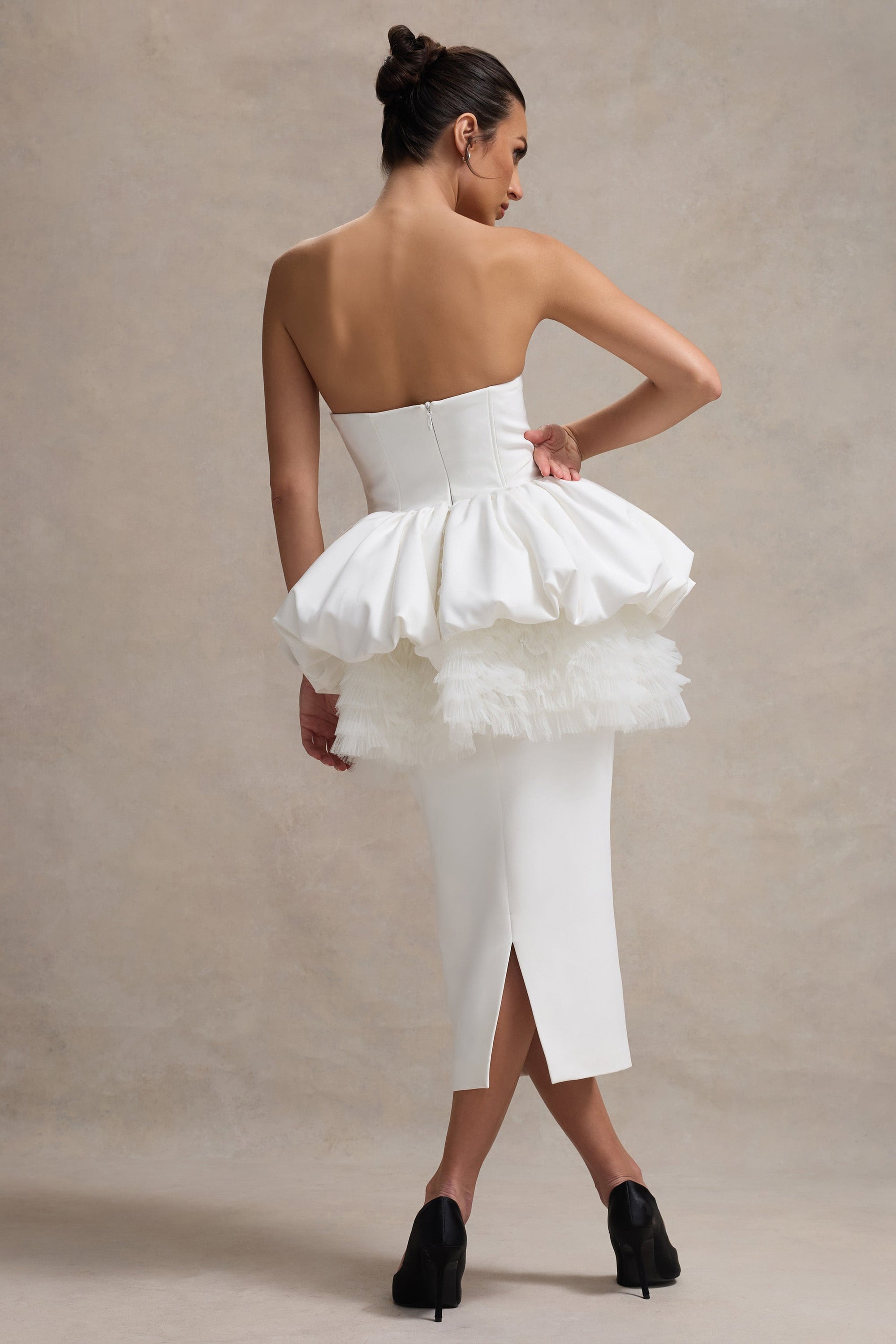 Jones | White Strapless Midi Dress With Tulle Peplum Waist - Club L London - AUS
