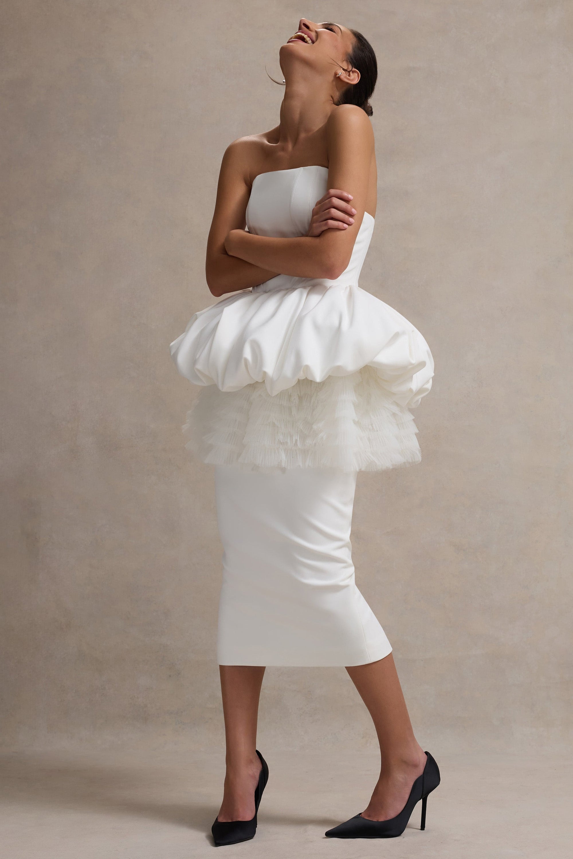Jones | White Strapless Midi Dress With Tulle Peplum Waist - Club L London - AUS