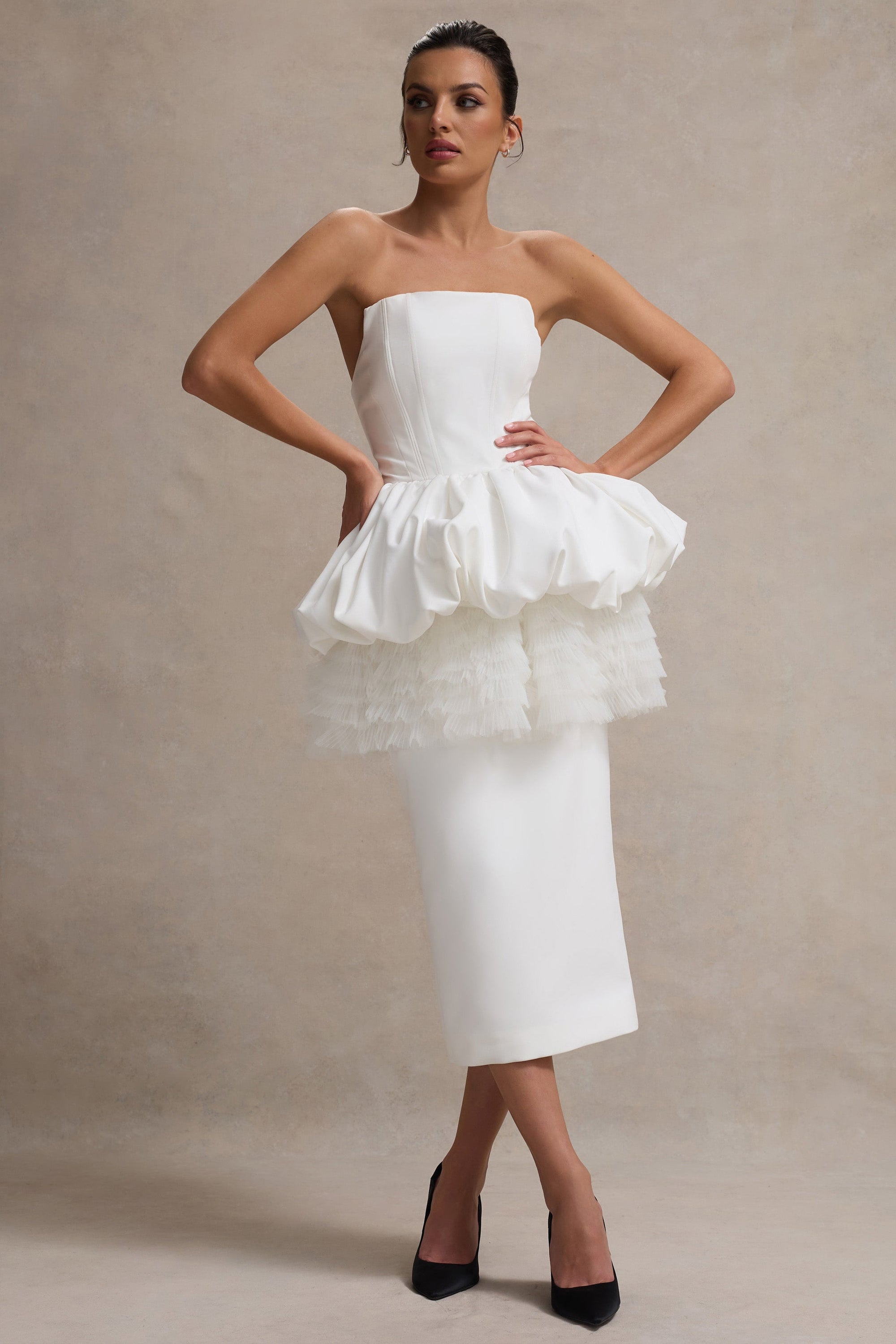 Jones | White Strapless Midi Dress With Tulle Peplum Waist - Club L London - AUS