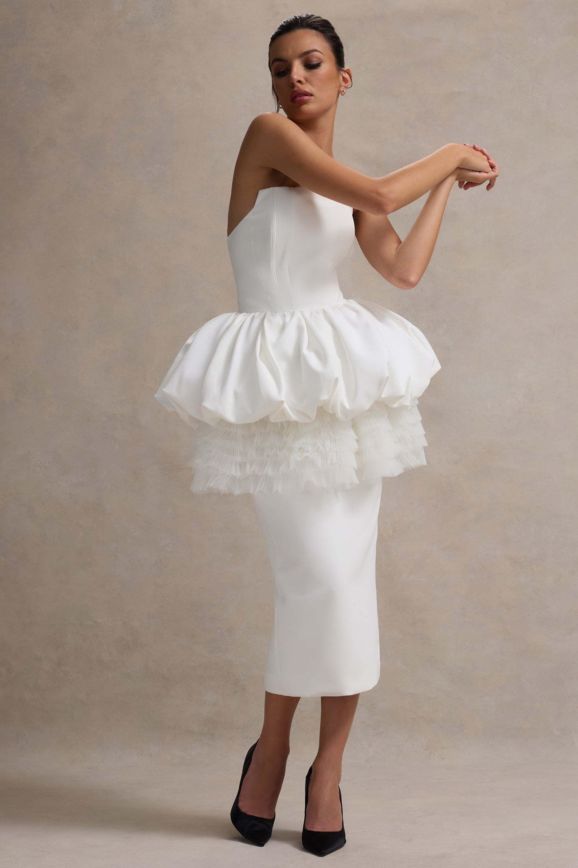 Jones | White Strapless Midi Dress With Tulle Peplum Waist - Club L London - AUS