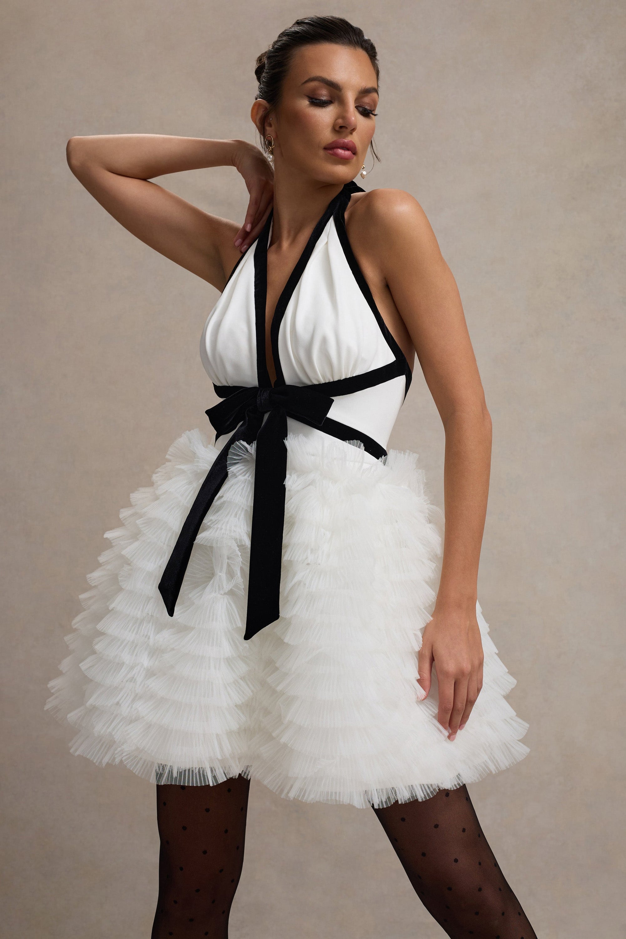 Eclair | Black & White Plunge-Neck Mini Dress With Tulle Skirt - Club L London - AUS