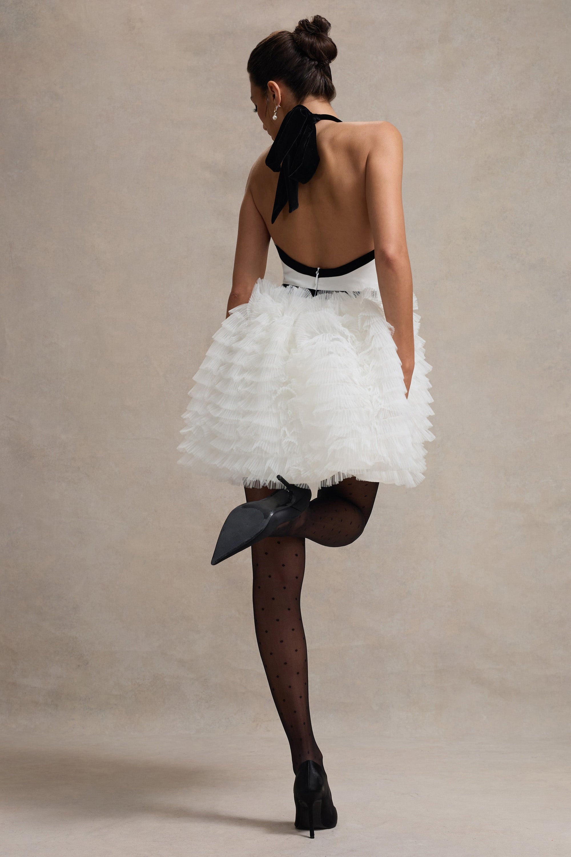 Eclair | Black & White Plunge-Neck Mini Dress With Tulle Skirt - Club L London - AUS