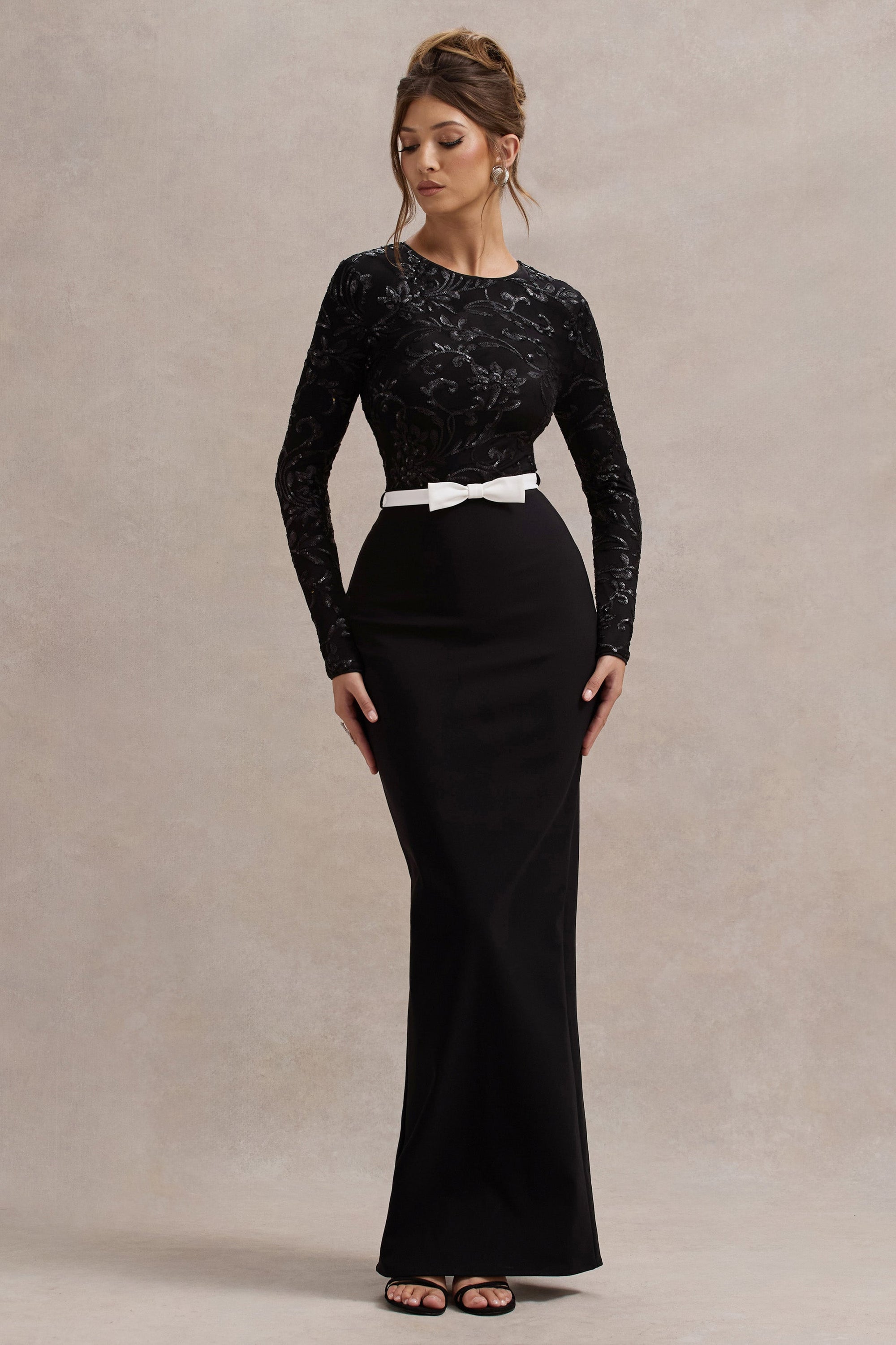 Zenith | Black Lace Long-Sleeve Maxi Dress - Club L London - AUS