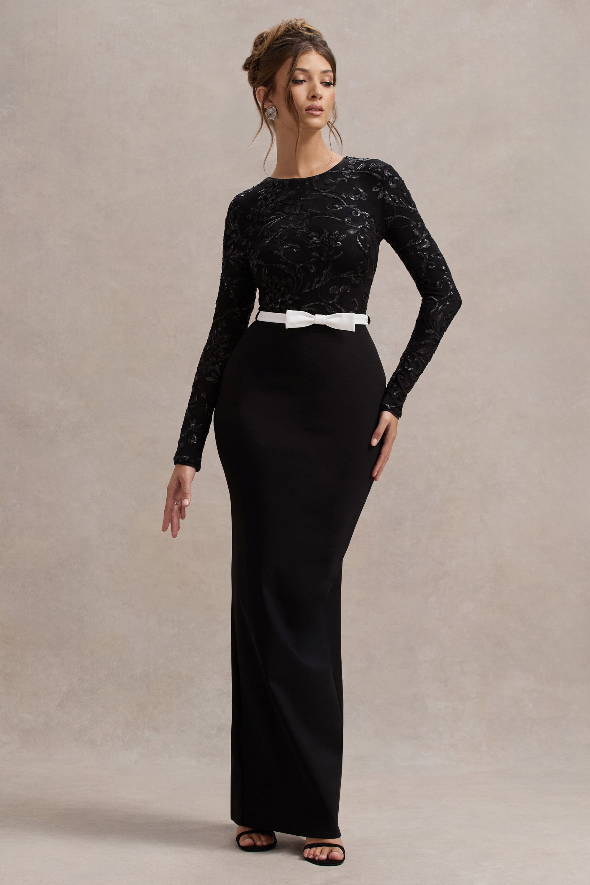 Zenith | Black Lace Long-Sleeve Maxi Dress - Club L London - AUS