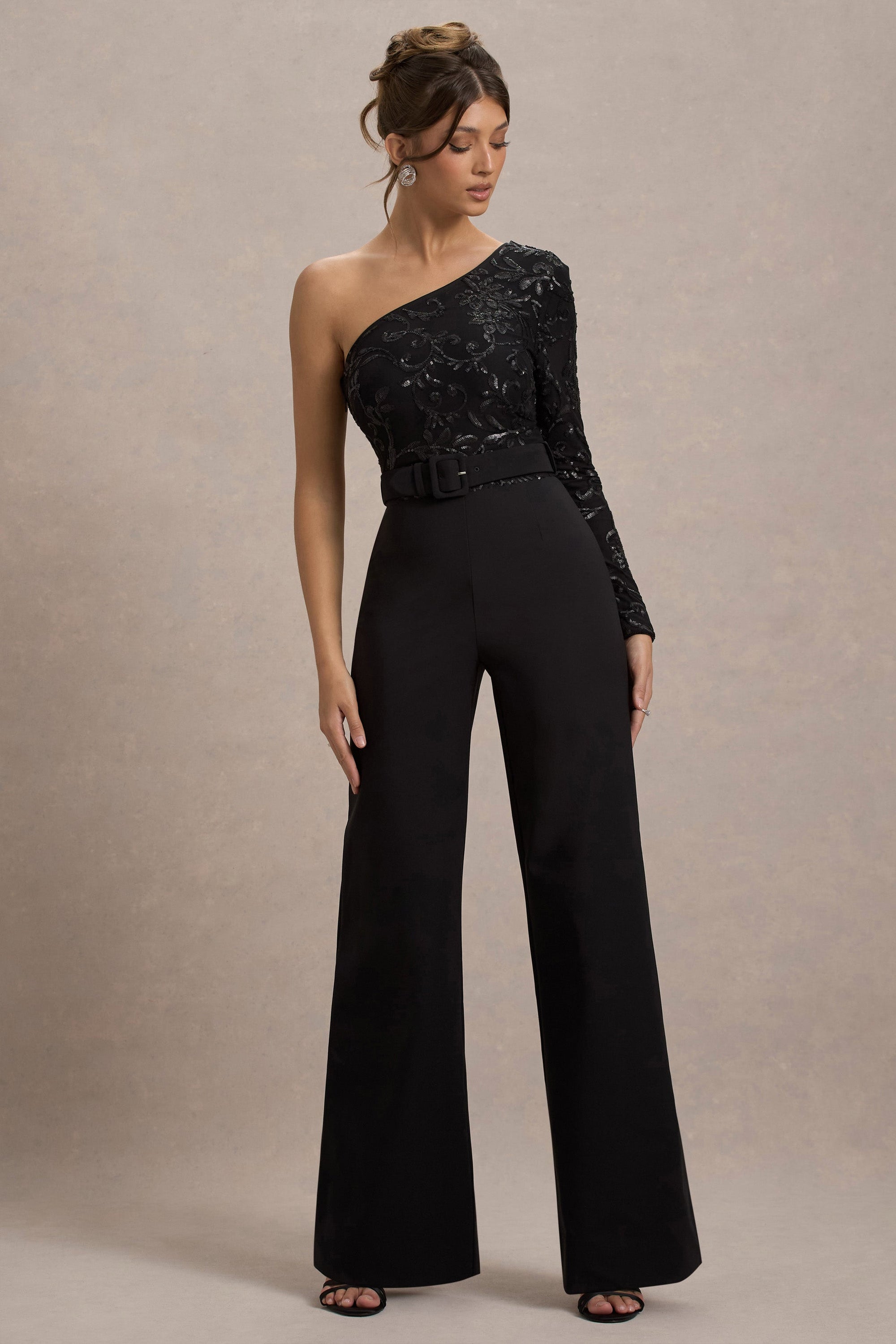 Upgrade | Black Lace Asymmetric Belted Wide-Leg Jumpsuit - Club L London - AUS