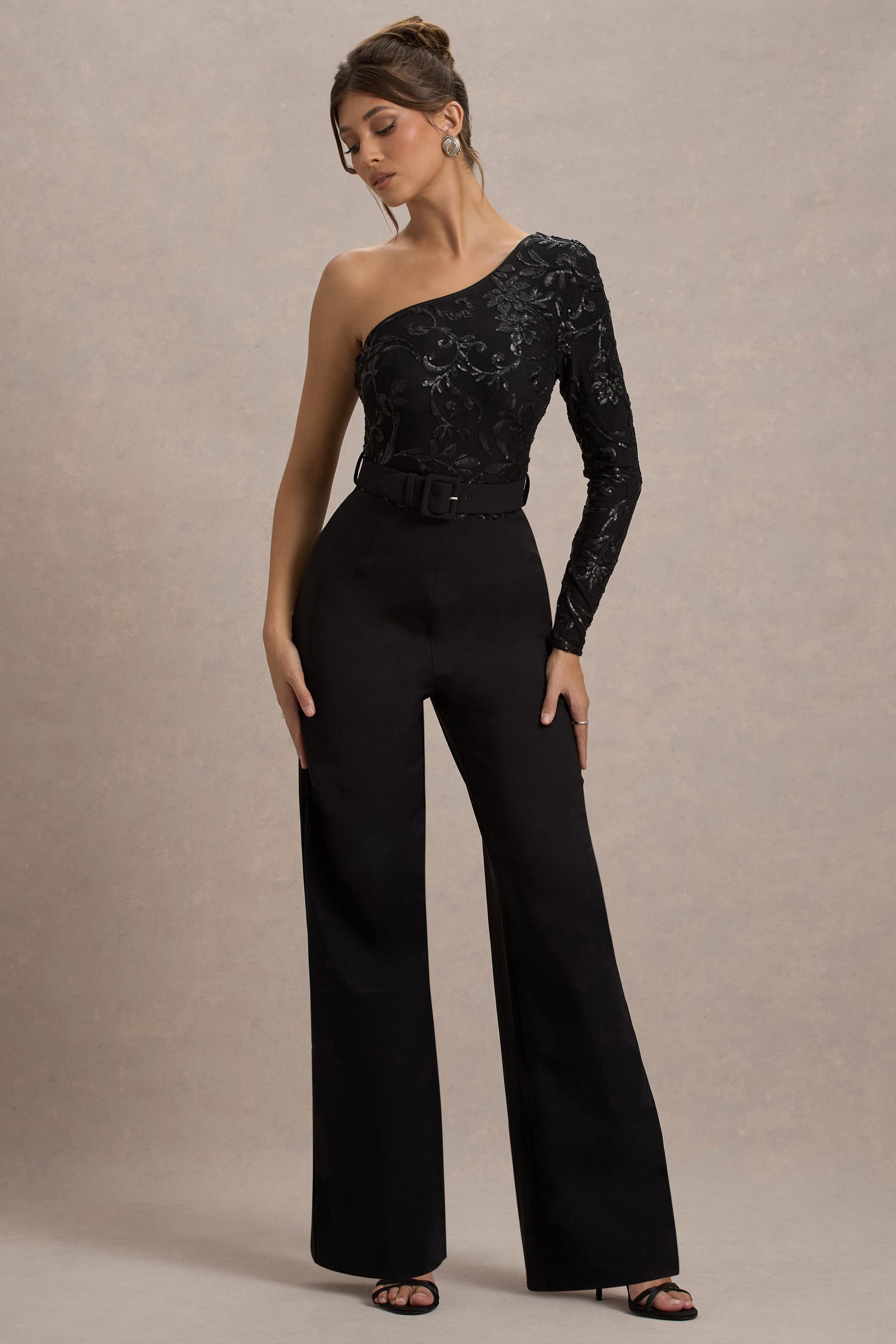 Upgrade | Black Lace Asymmetric Belted Wide-Leg Jumpsuit - Club L London - AUS