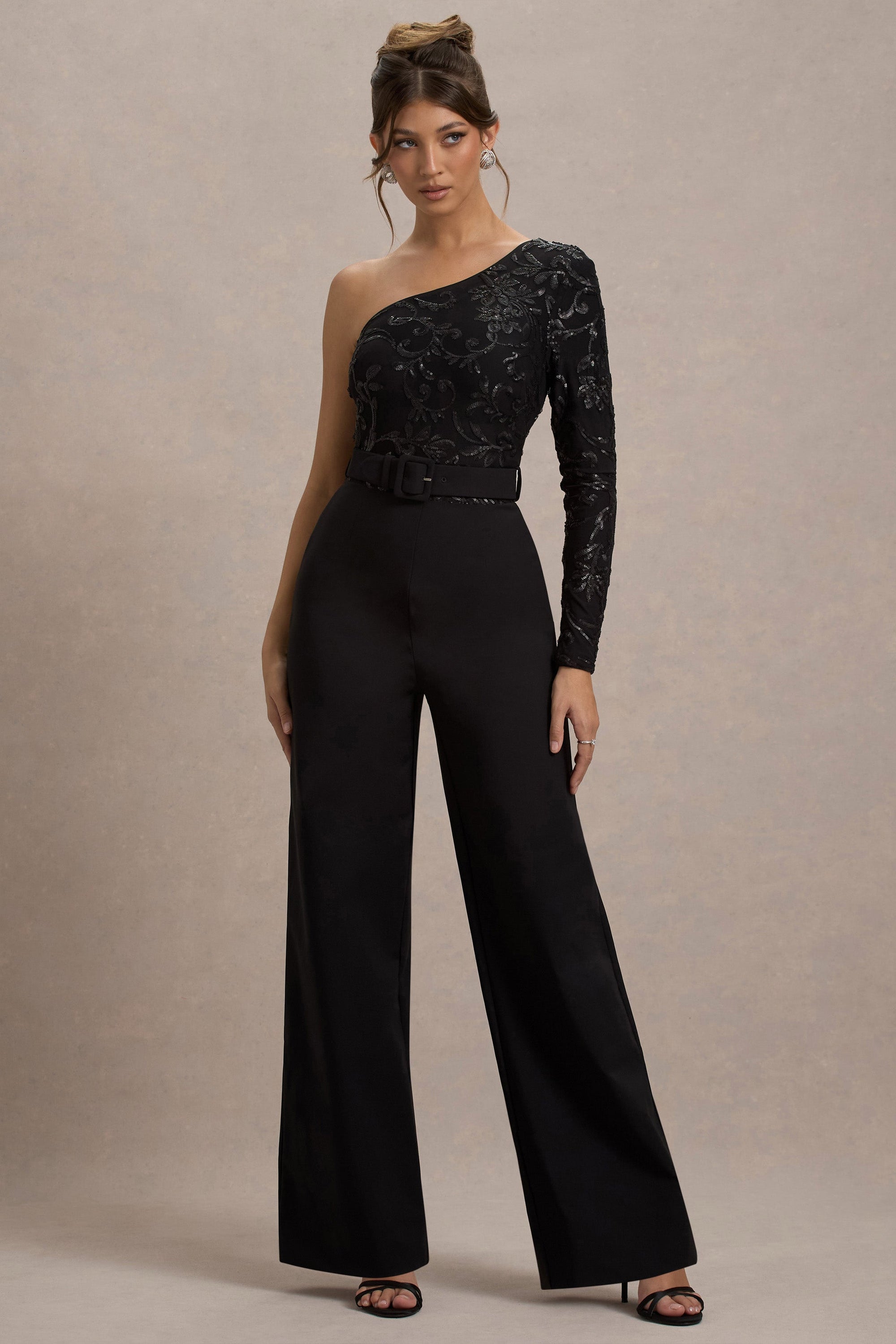 Upgrade | Black Lace Asymmetric Belted Wide-Leg Jumpsuit - Club L London - AUS