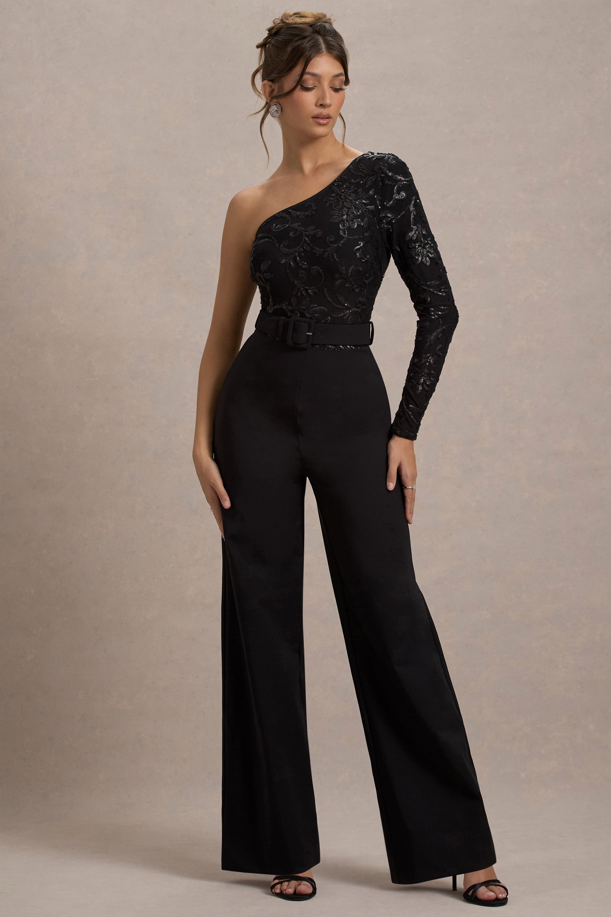 Upgrade | Black Lace Asymmetric Belted Wide-Leg Jumpsuit - Club L London - AUS