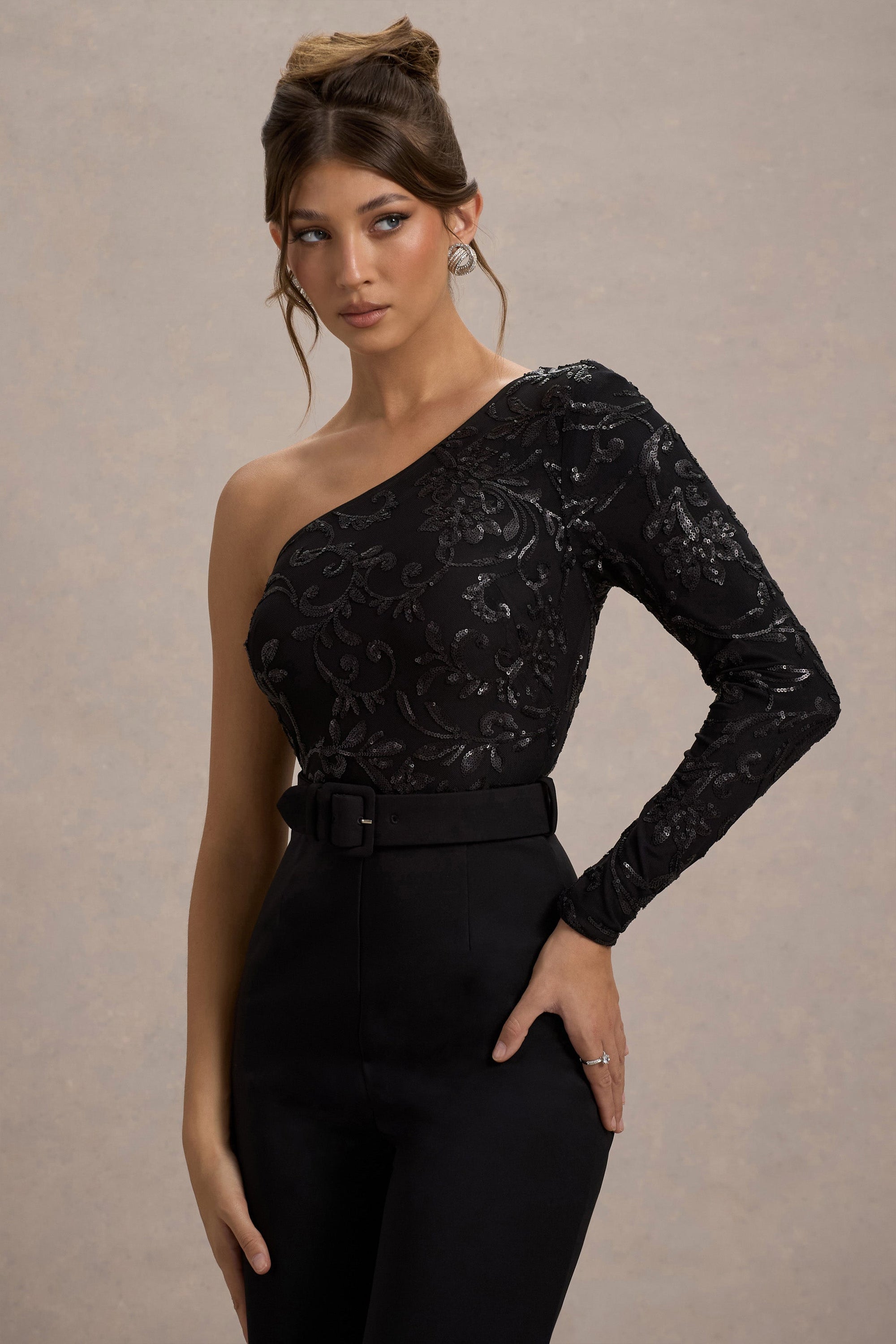 Upgrade | Black Lace Asymmetric Belted Wide-Leg Jumpsuit - Club L London - AUS