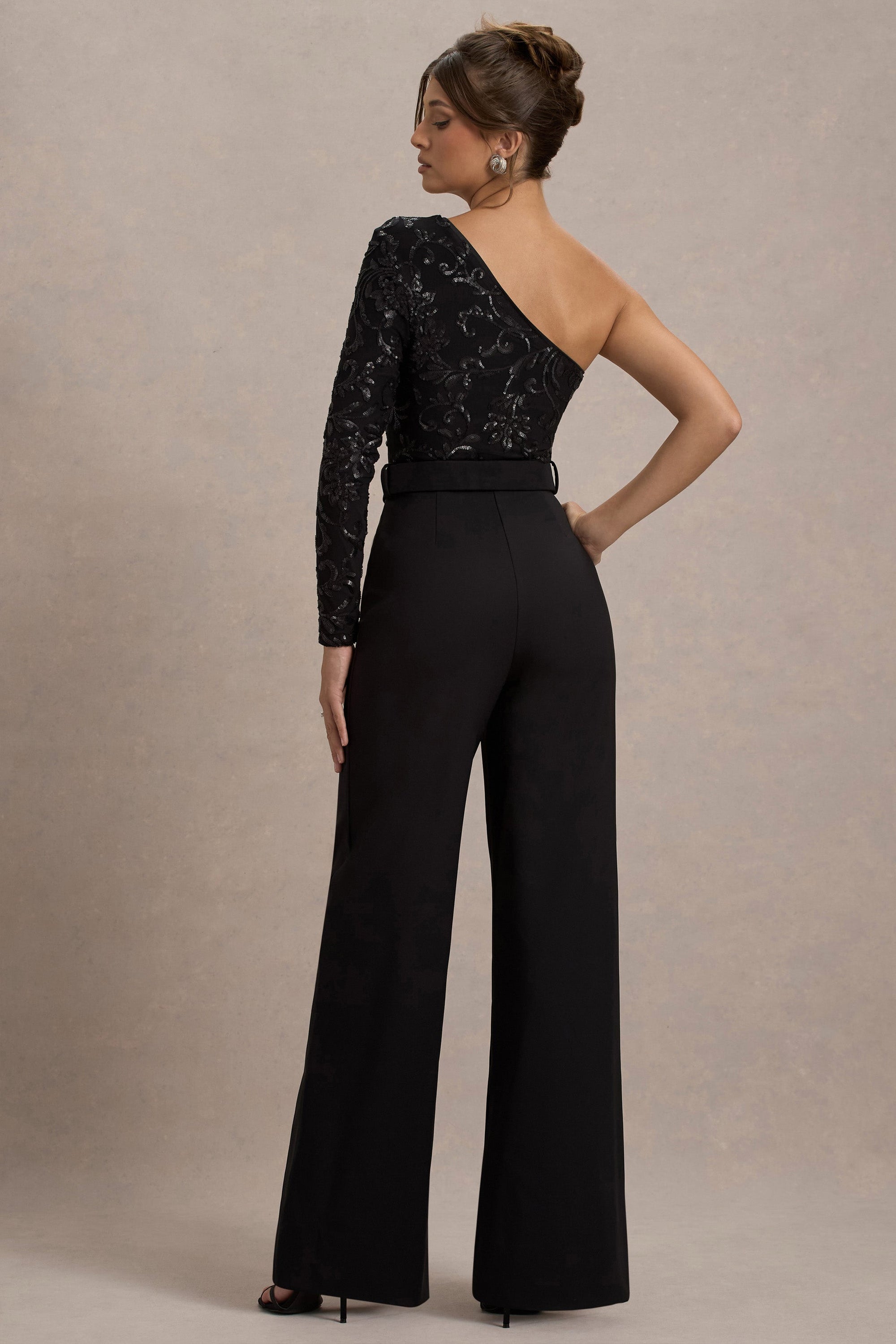 Upgrade | Black Lace Asymmetric Belted Wide-Leg Jumpsuit - Club L London - AUS
