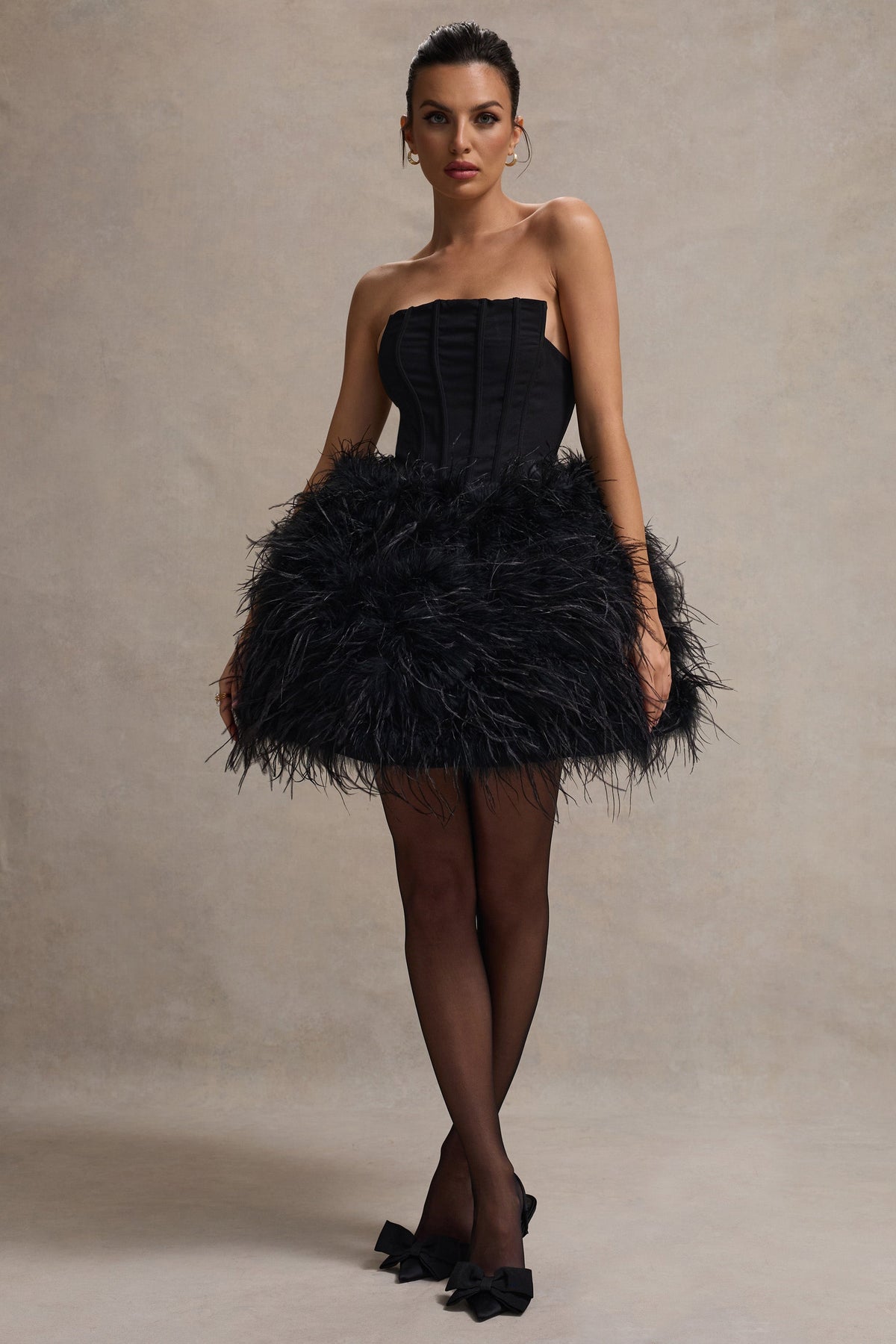 Peaches Black Strapless Mini Dress With Volume Feather Hem Club L London - AUS Peaches Black Strapless Mini Dress With Volume Feather Hem Club L London - AUS