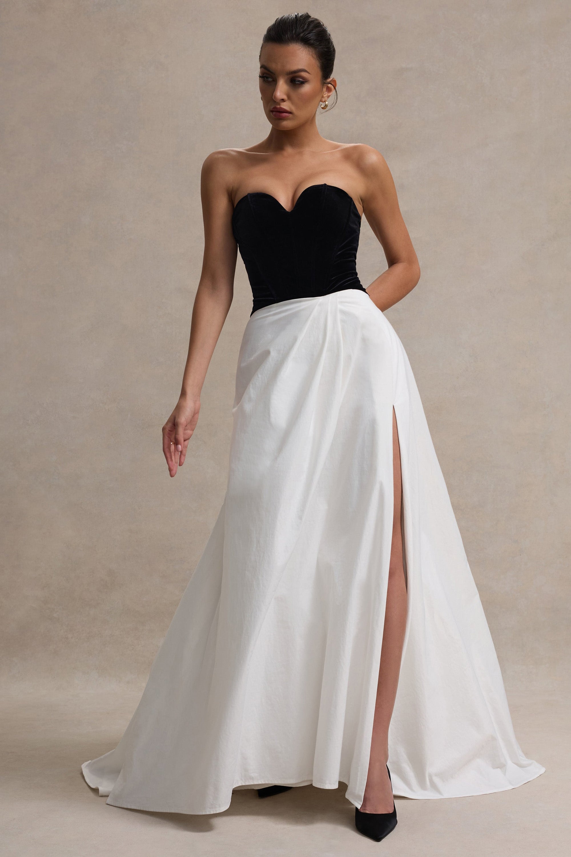 Lucienne | Black & Cream Sweetheart Corset Split Maxi Dress - Club L London - AUS