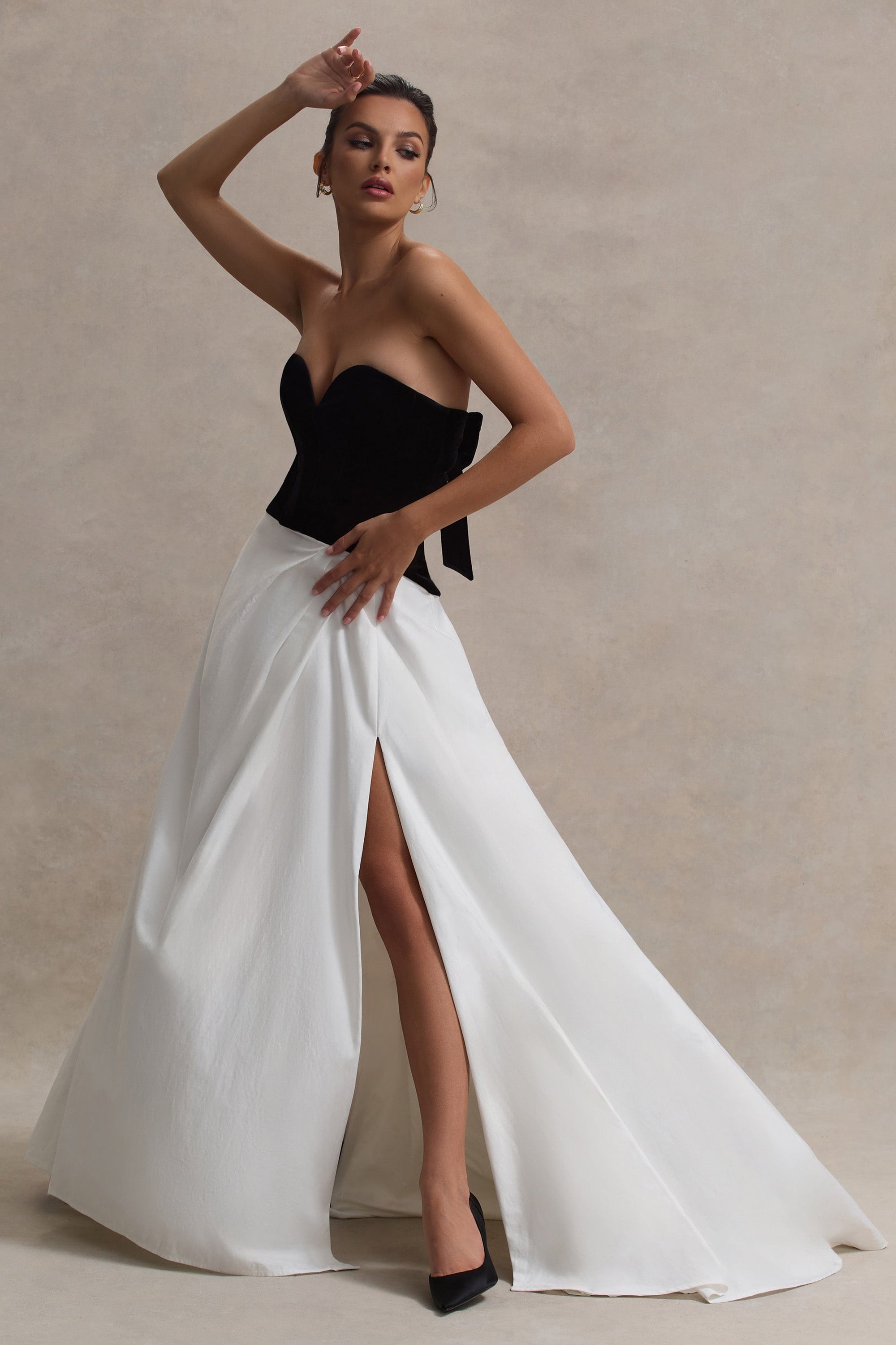 Lucienne | Black & Cream Sweetheart Corset Split Maxi Dress - Club L London - AUS