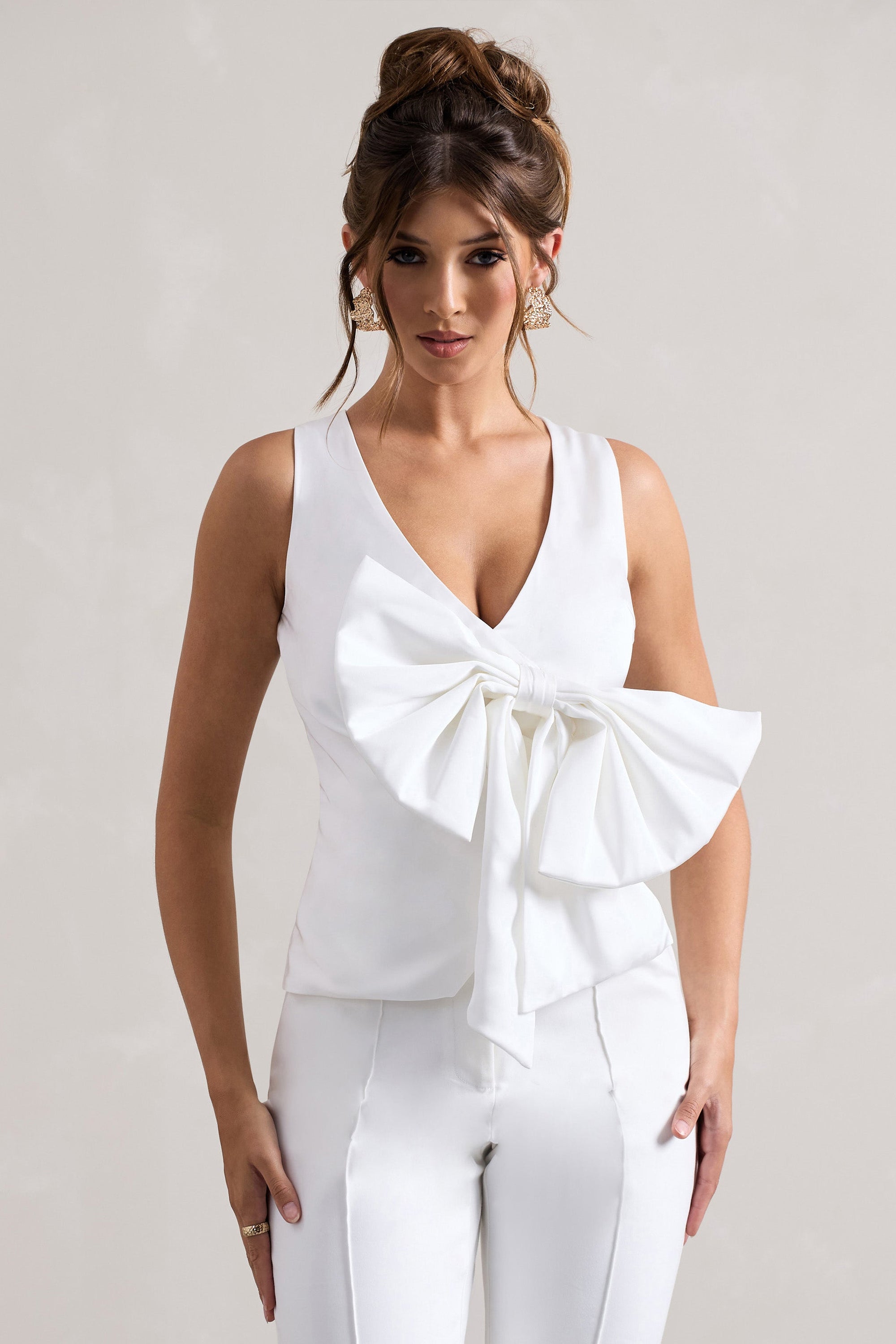 Adoration | Cream Satin Plunge-Neck Top With Bow - Club L London - AUS