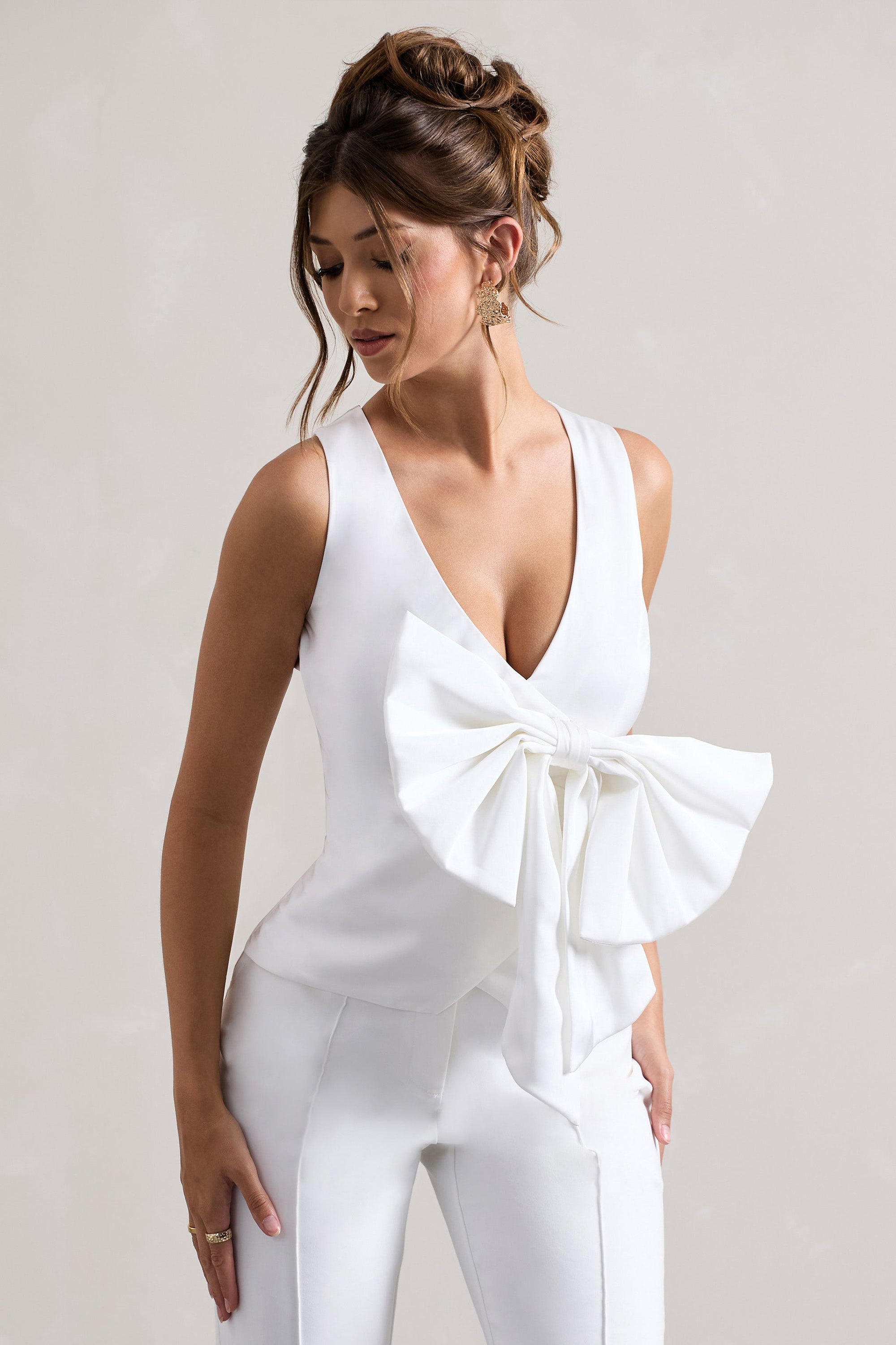 Adoration | Cream Satin Plunge-Neck Top With Bow - Club L London - AUS