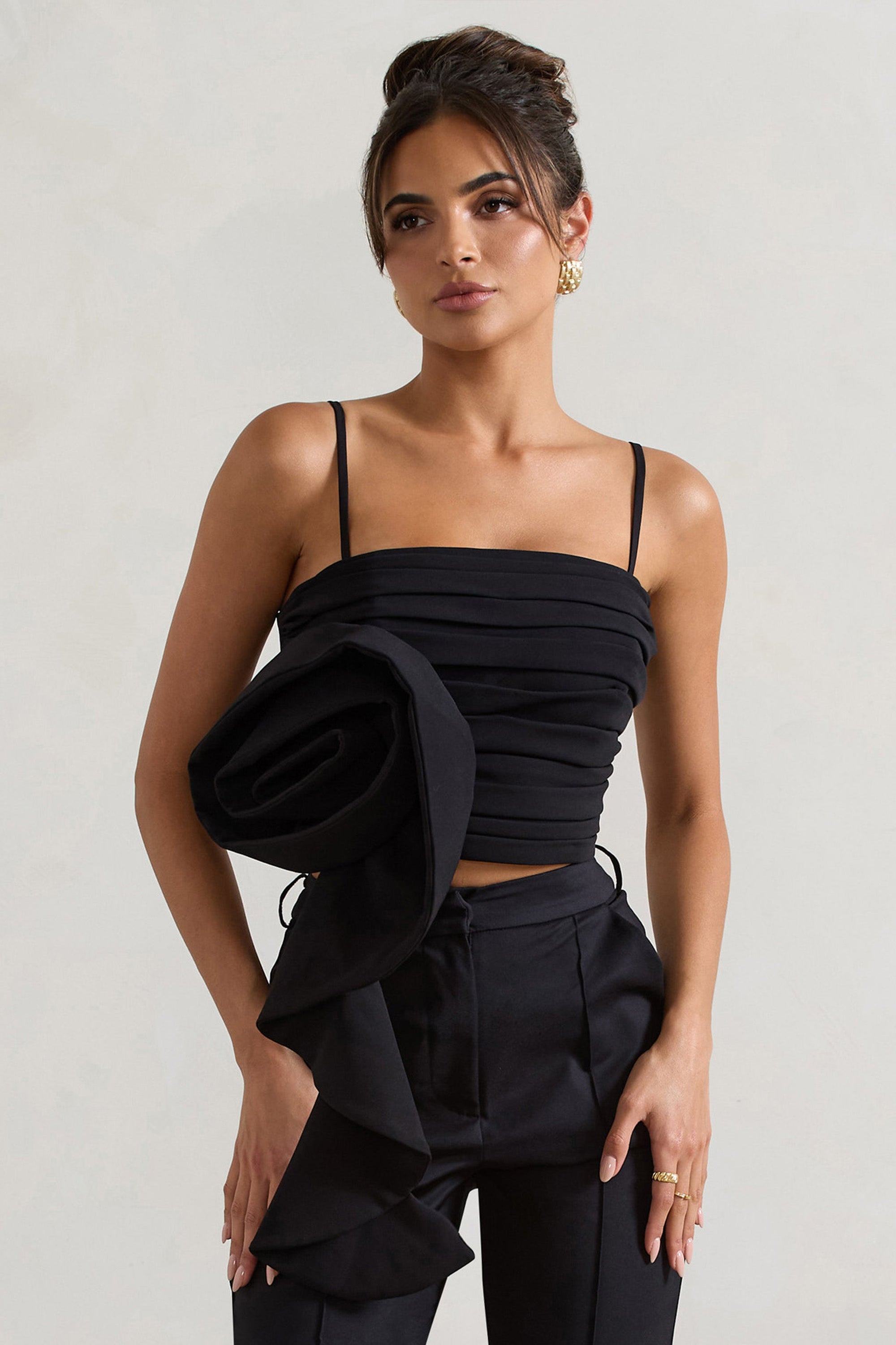 Whirlwind | Black Strappy Top With Oversized Ruffle Detail - Club L London - AUS
