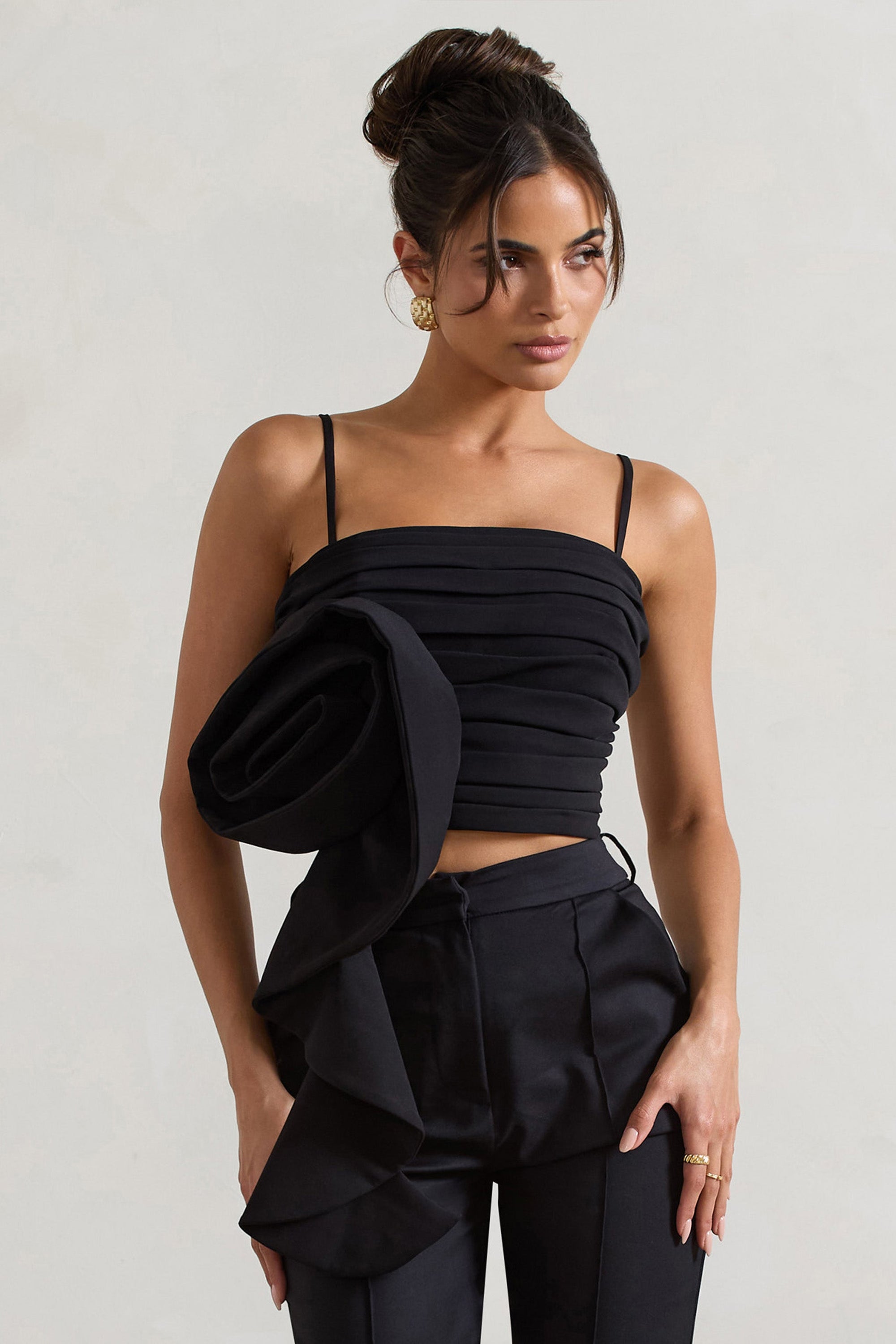 Whirlwind | Black Strappy Top With Oversized Ruffle Detail - Club L London - AUS