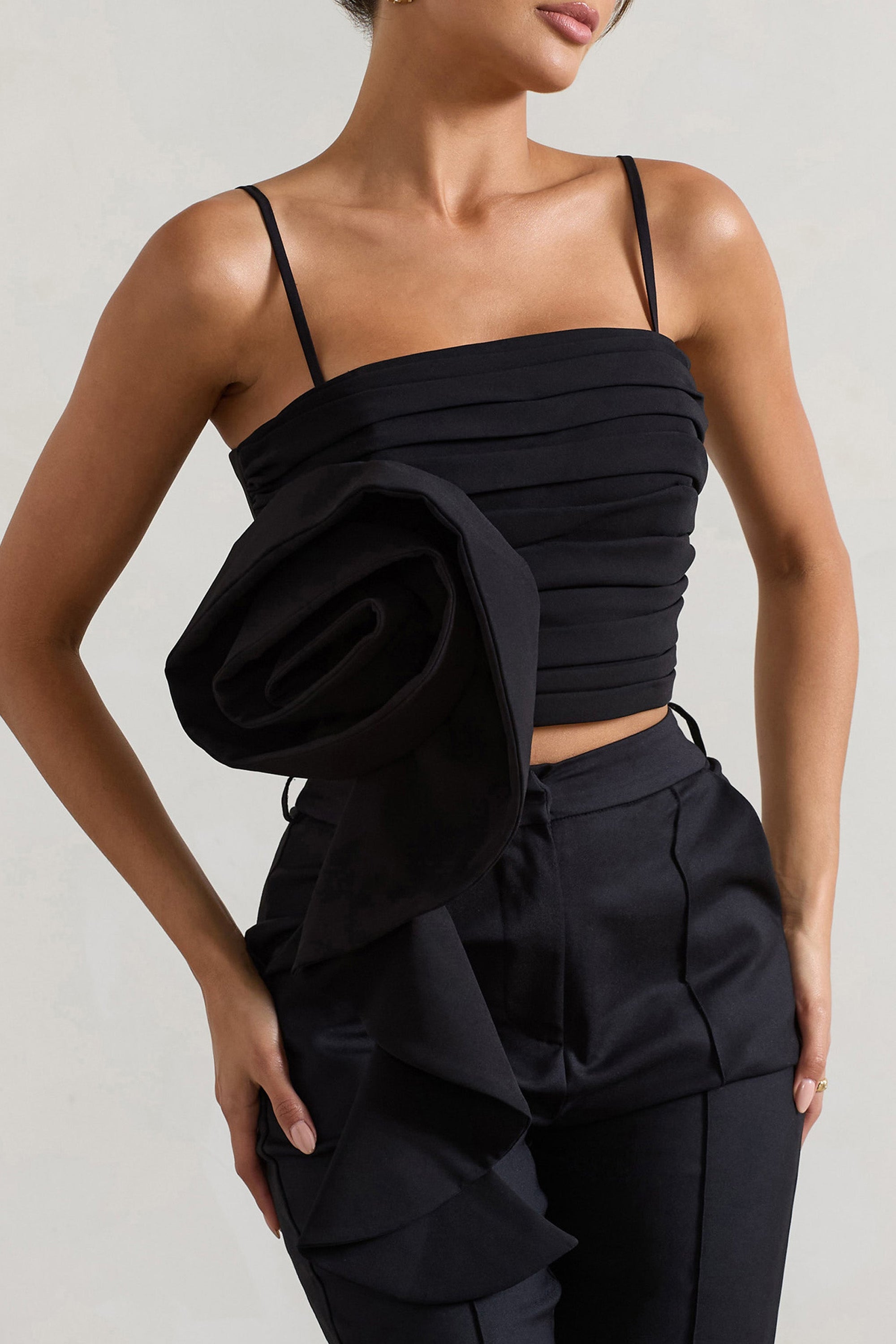 Whirlwind | Black Strappy Top With Oversized Ruffle Detail - Club L London - AUS