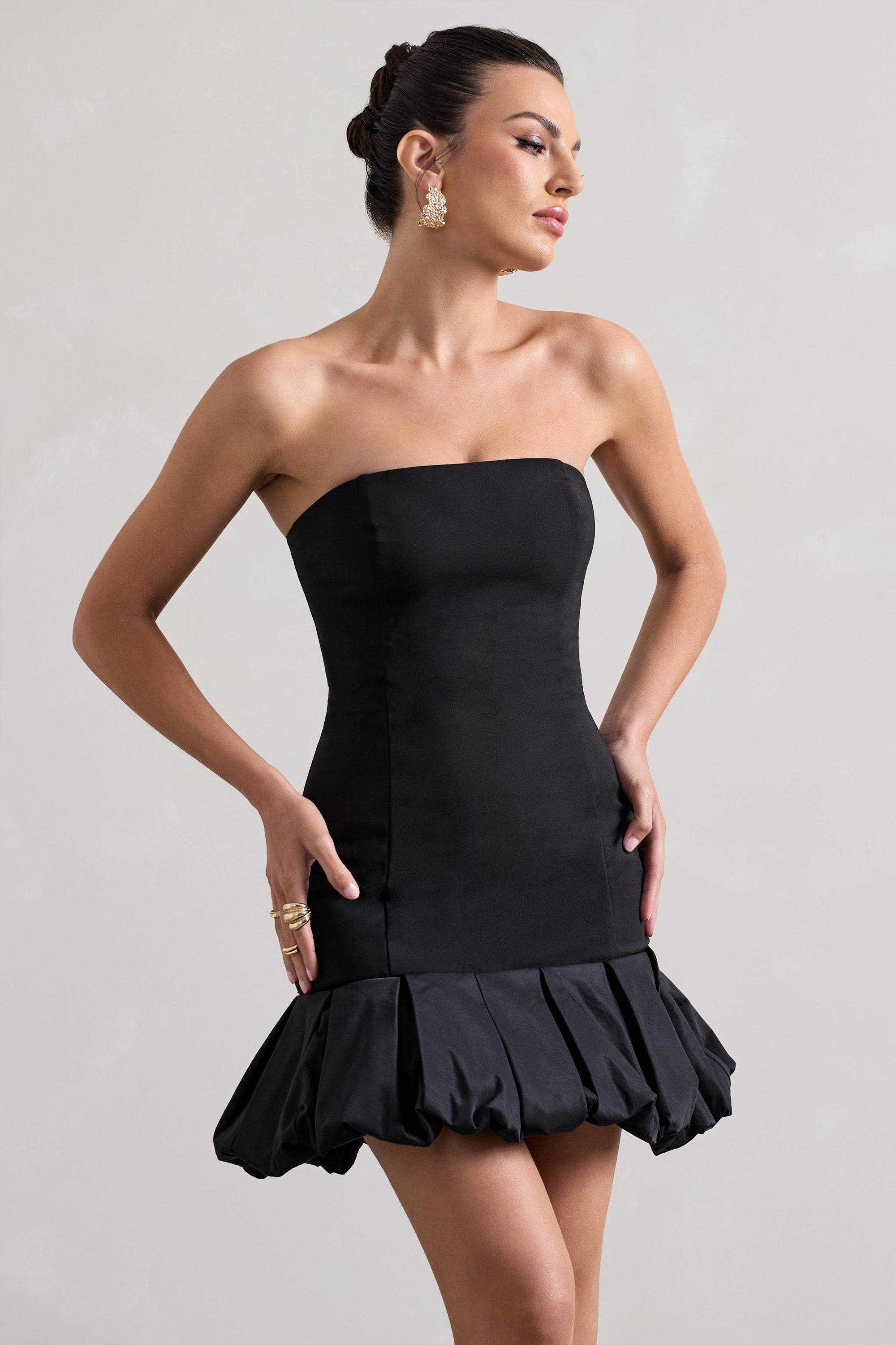 Liscia | Black Bandeau Mini Dress With Ruffle Trim - Club L London - AUS