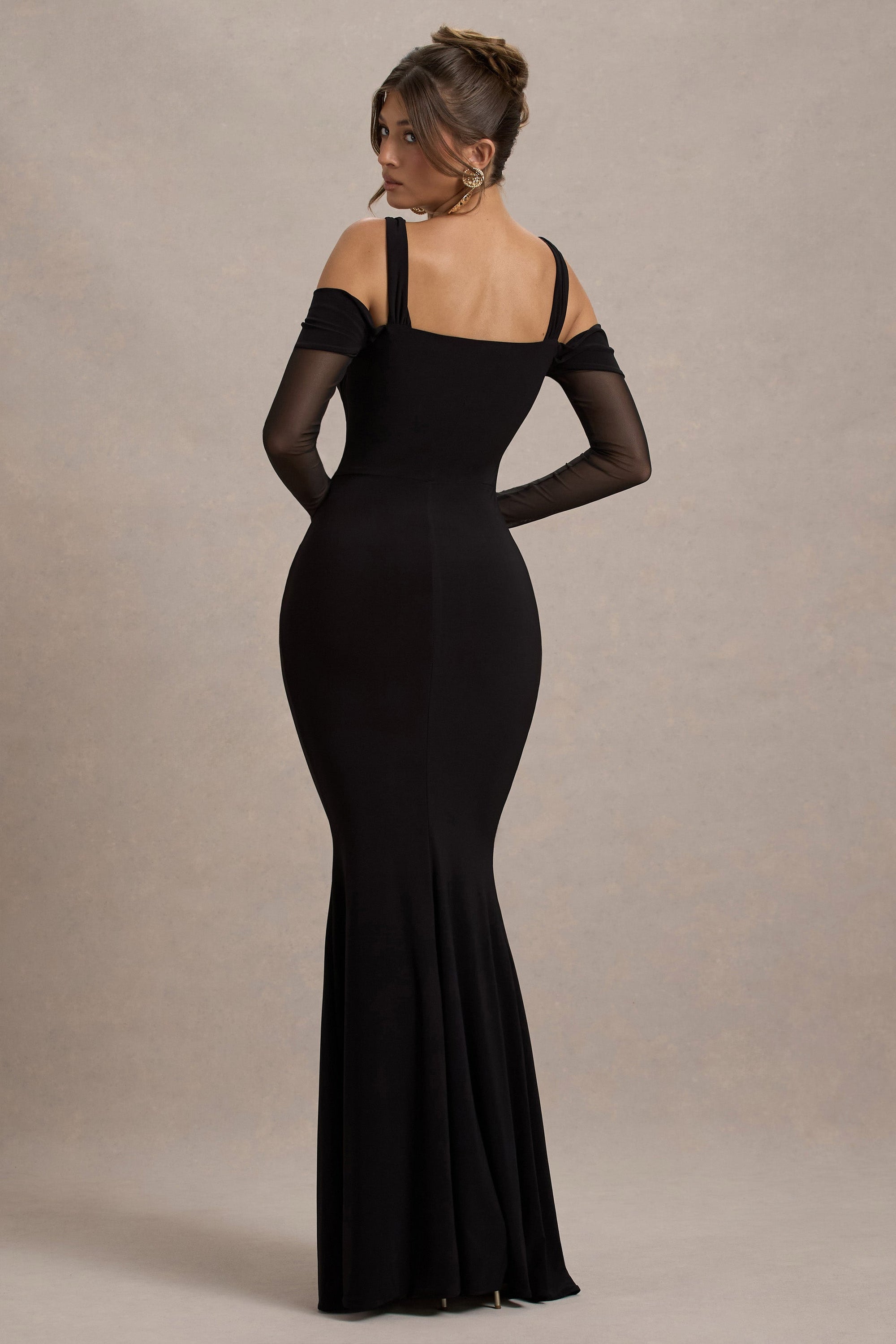 Milana | Black Square-Neck Draped Wrap Maxi Dress With Long Sleeves - Club L London - AUS
