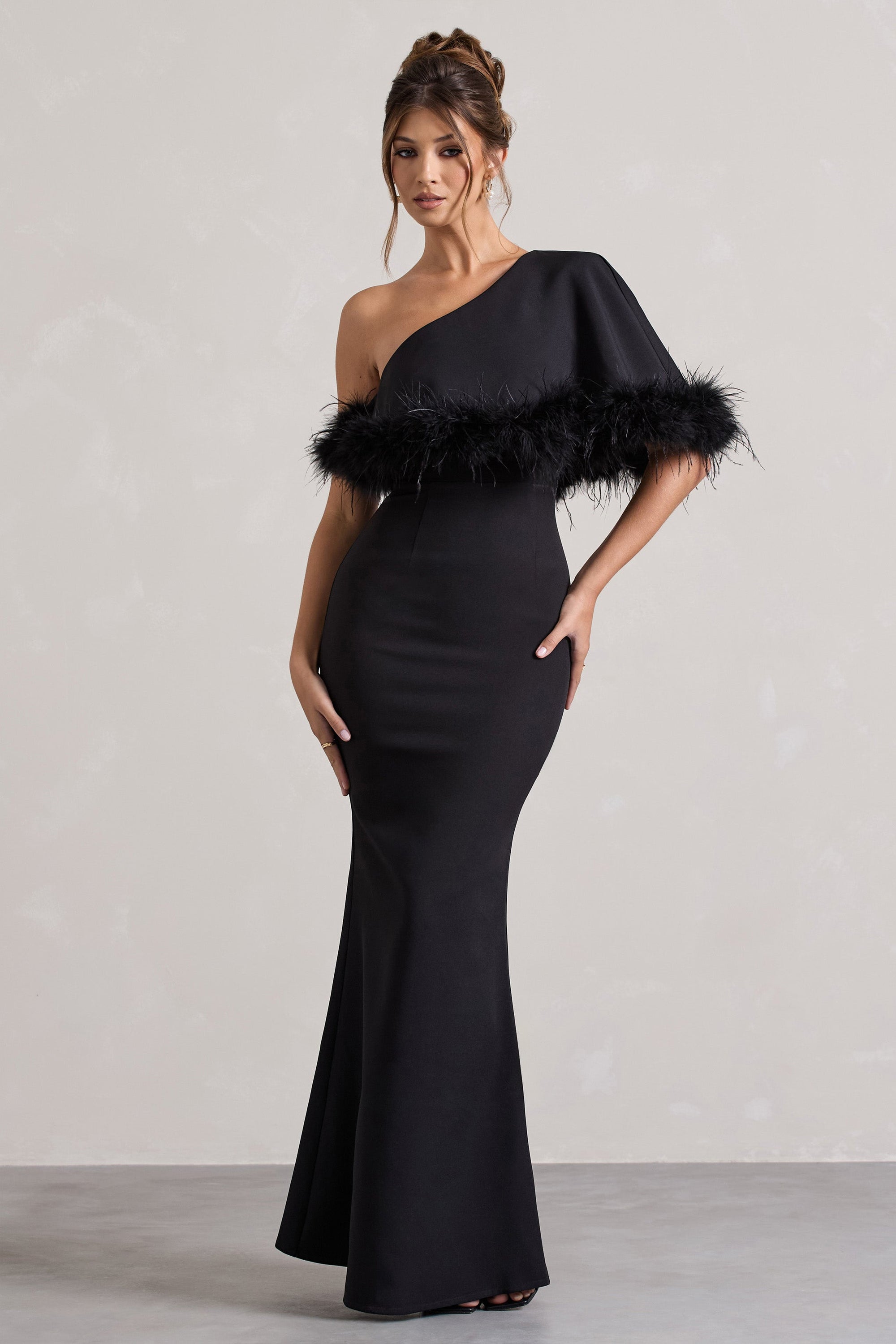 Valor | Black Asymmetric Maxi Dress With Feather Trim - Club L London - AUS