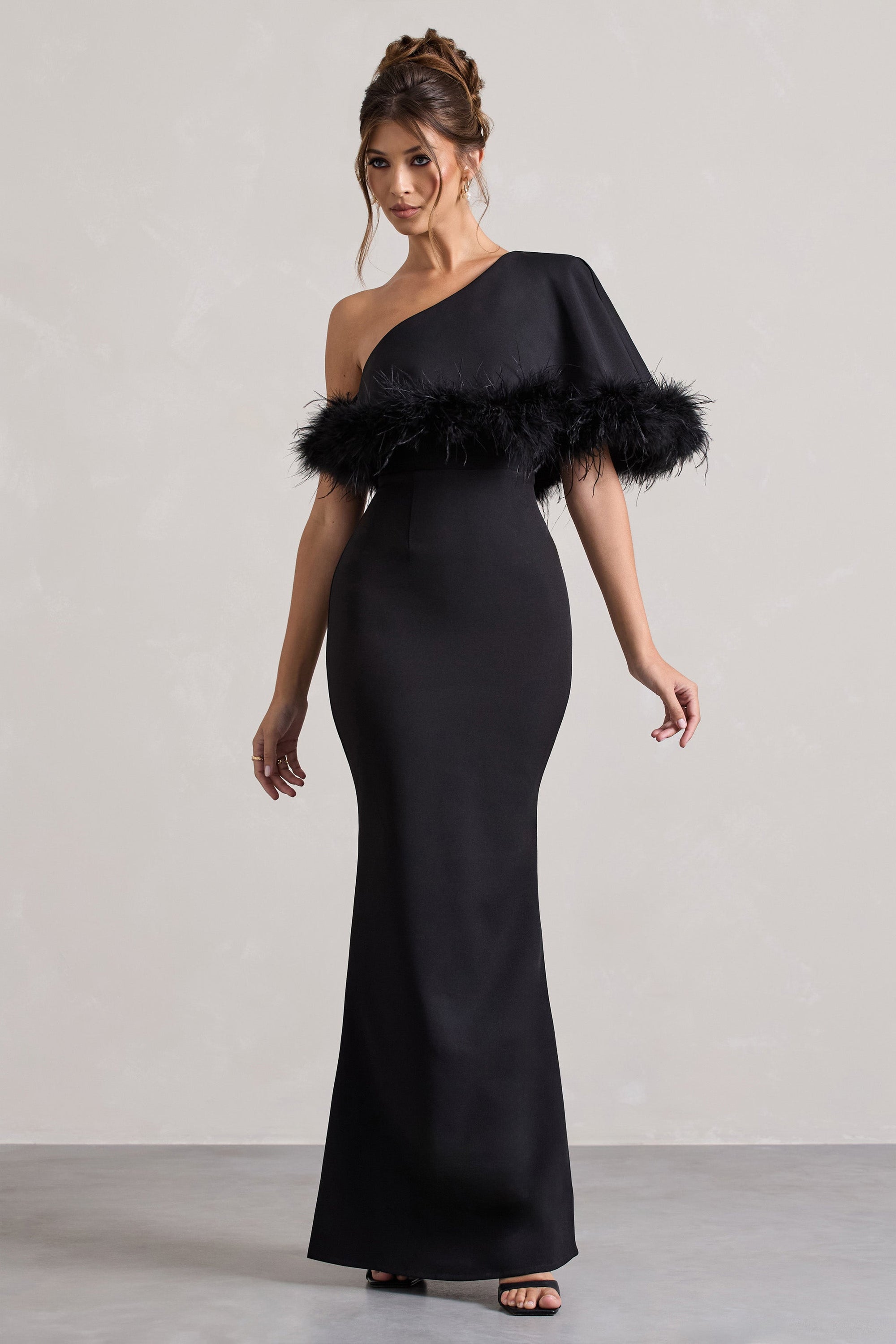 Valor | Black Asymmetric Maxi Dress With Feather Trim - Club L London - AUS