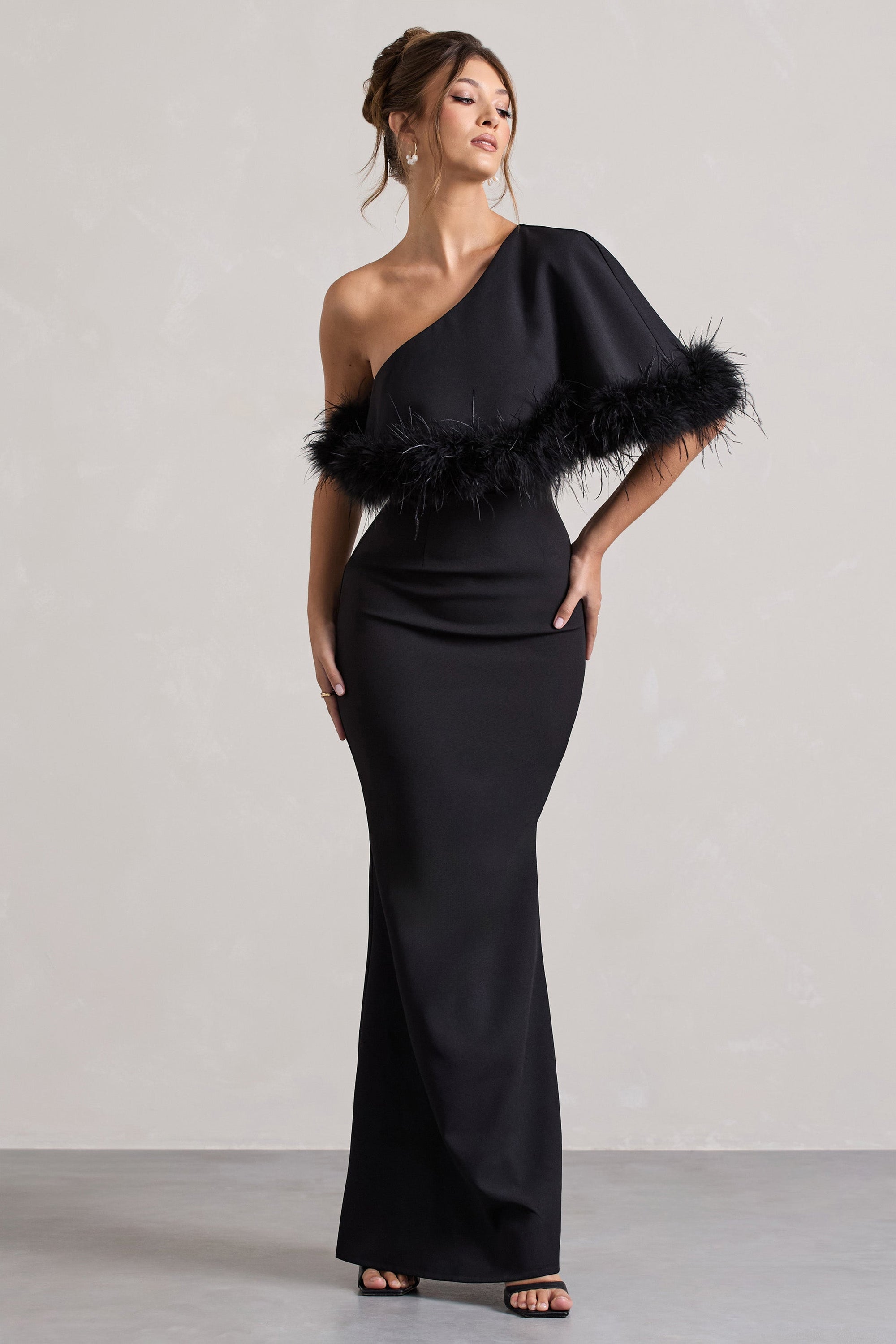 Valor | Black Asymmetric Maxi Dress With Feather Trim – Club L London