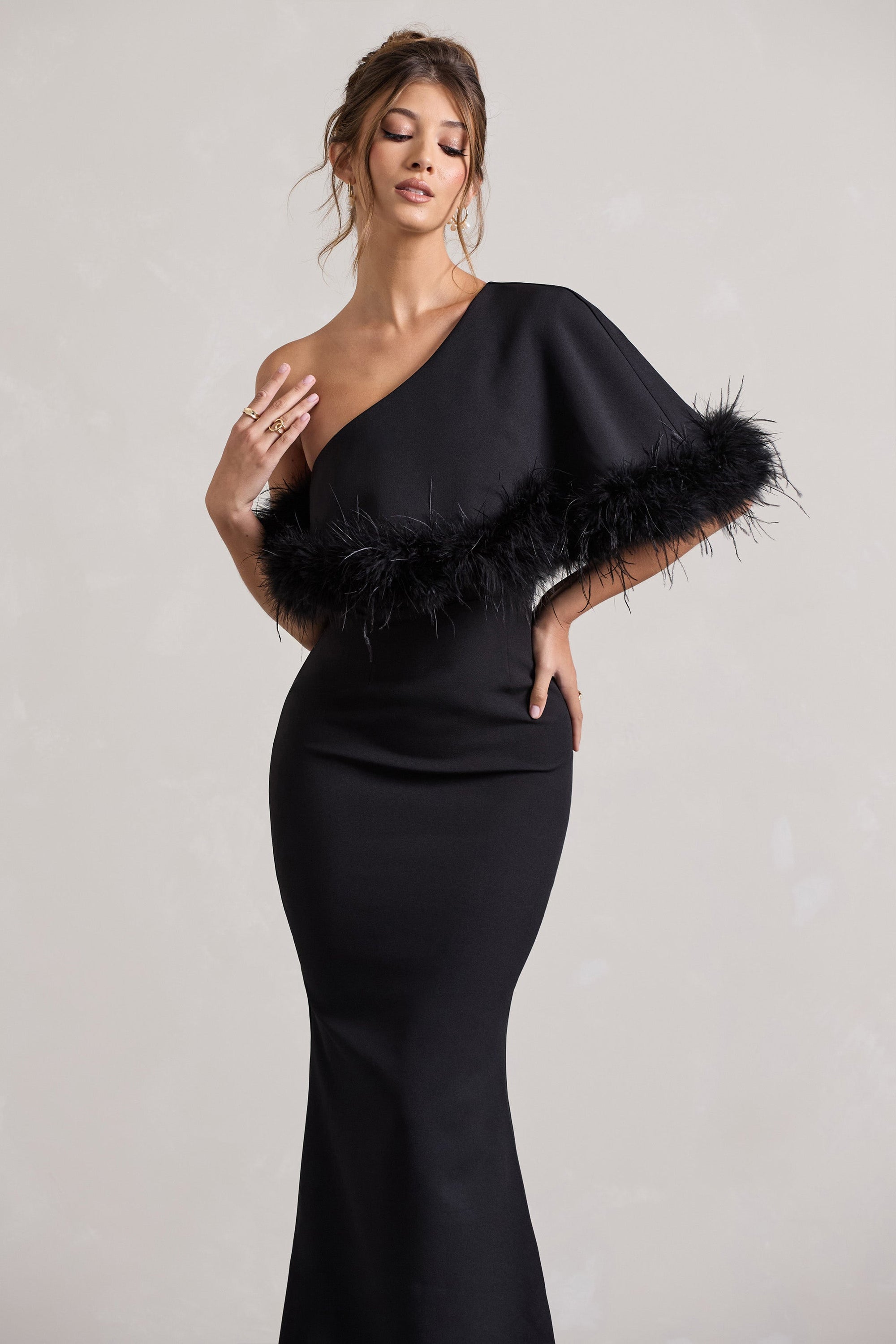 Valor | Black Asymmetric Maxi Dress With Feather Trim - Club L London - AUS