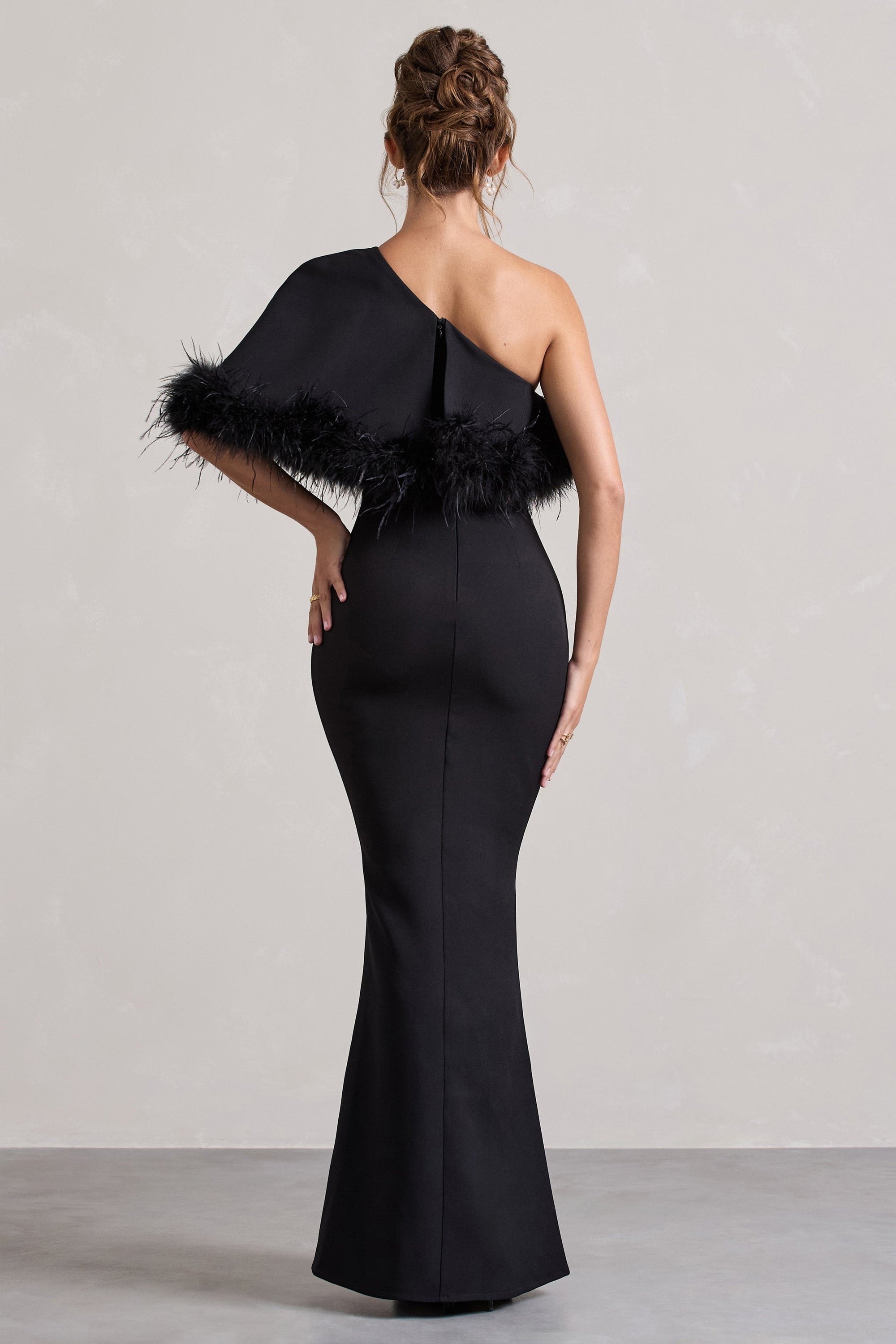 Valor | Black Asymmetric Maxi Dress With Feather Trim - Club L London - AUS