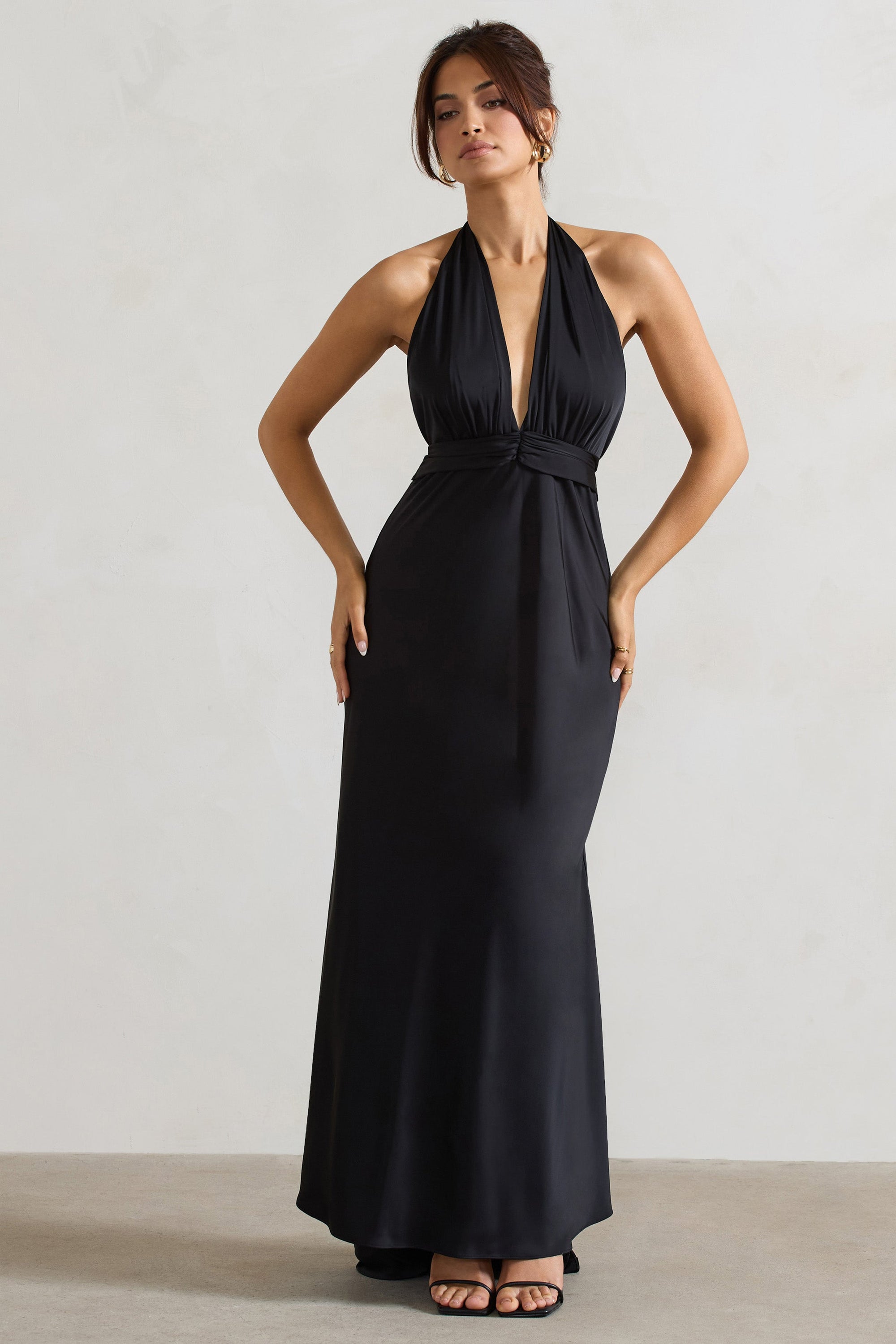 Carolyn | Black Satin Plunge Maxi Dress With Dipped Hem - Club L London - AUS