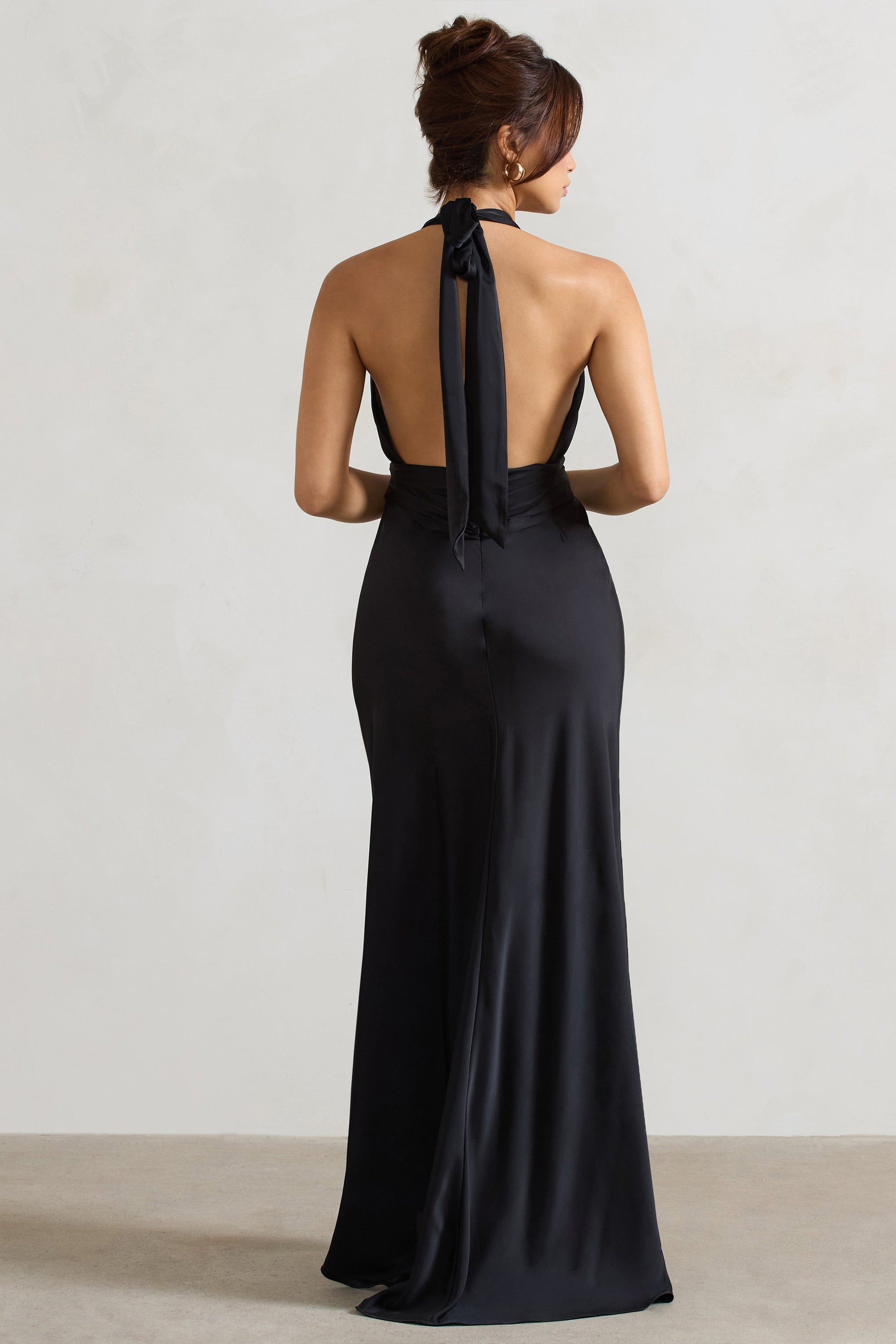 Carolyn | Black Satin Plunge Maxi Dress With Dipped Hem - Club L London - AUS