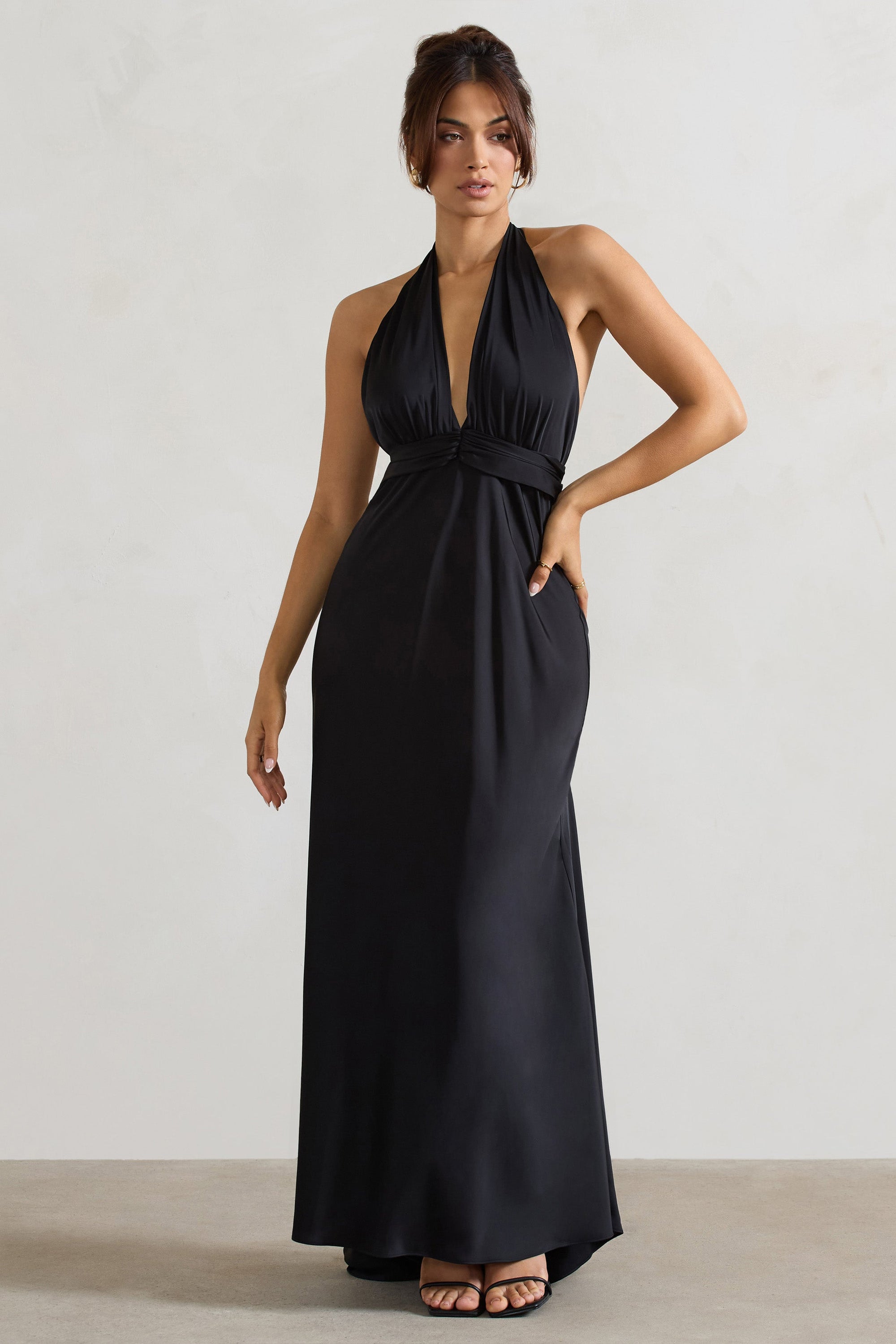 Carolyn | Black Satin Plunge Maxi Dress With Dipped Hem - Club L London - AUS