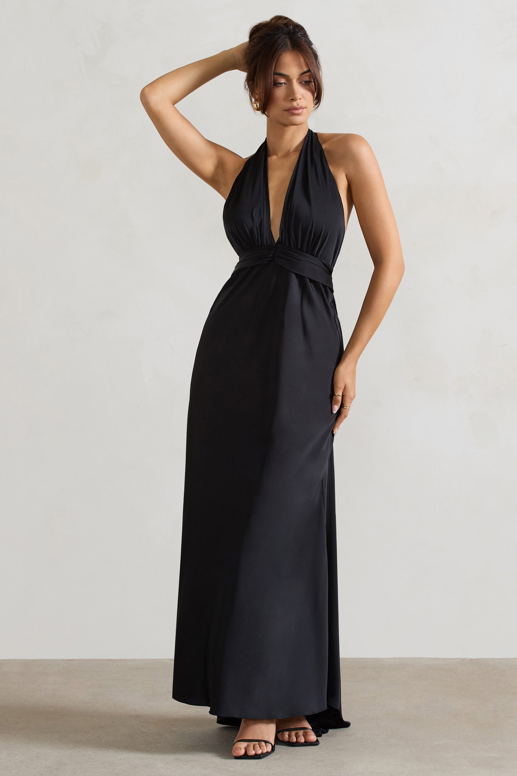 Carolyn | Black Satin Plunge Maxi Dress With Dipped Hem - Club L London - AUS