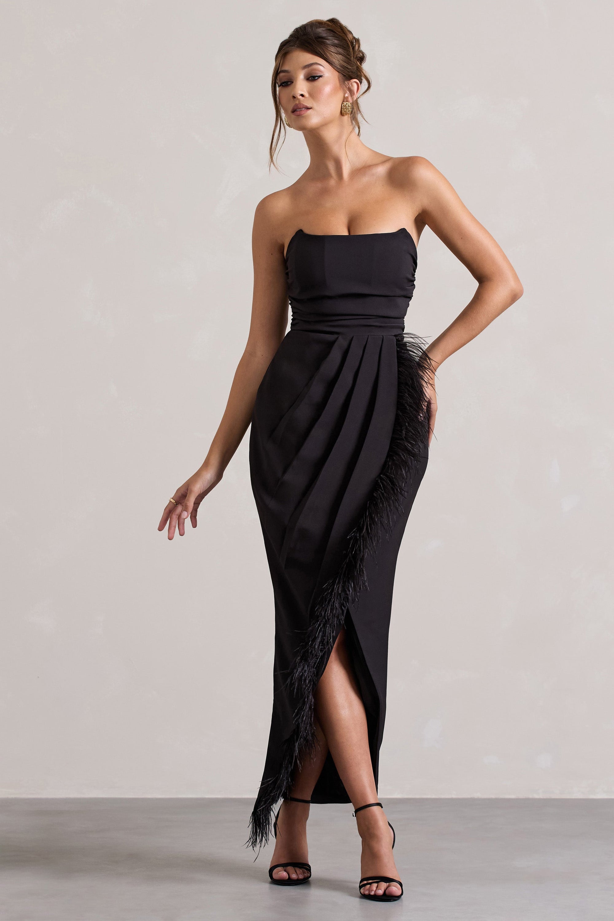 Chosen | Black Bandeau Wrap Maxi Dress With Feather Trim - Club L London - AUS