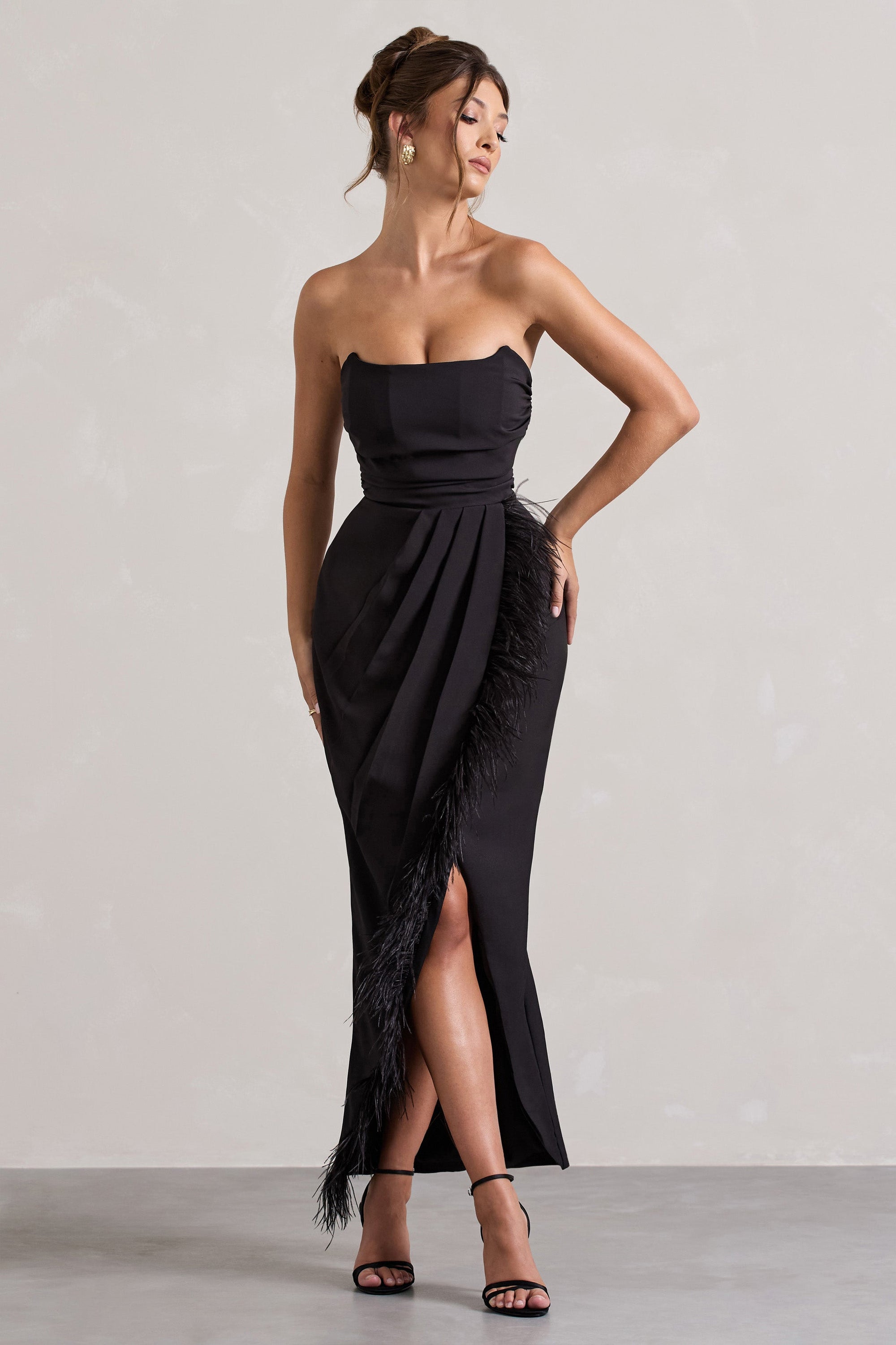 Chosen | Black Bandeau Wrap Maxi Dress With Feather Trim - Club L London - AUS