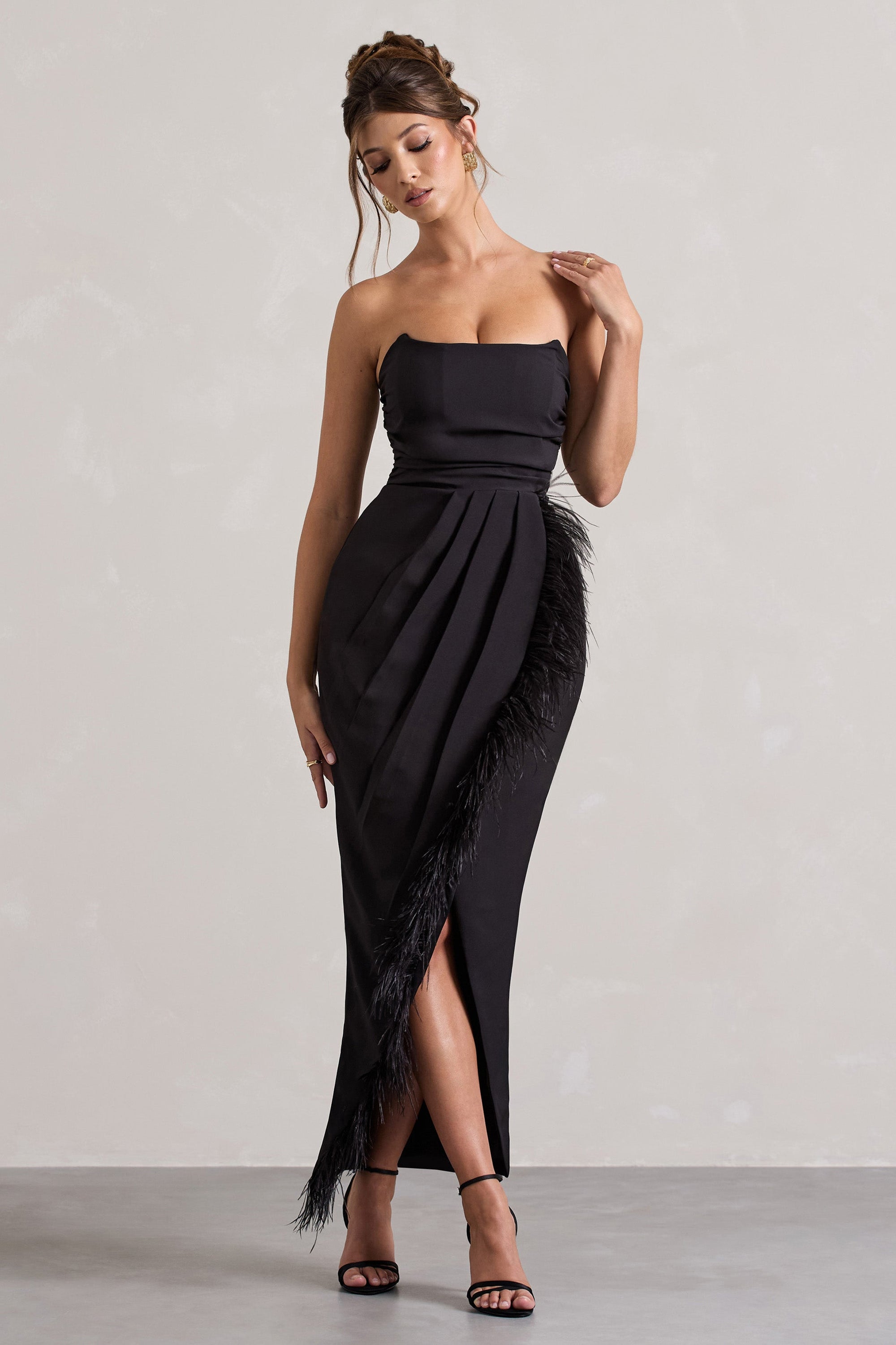 Chosen | Black Bandeau Wrap Maxi Dress With Feather Trim - Club L London - AUS