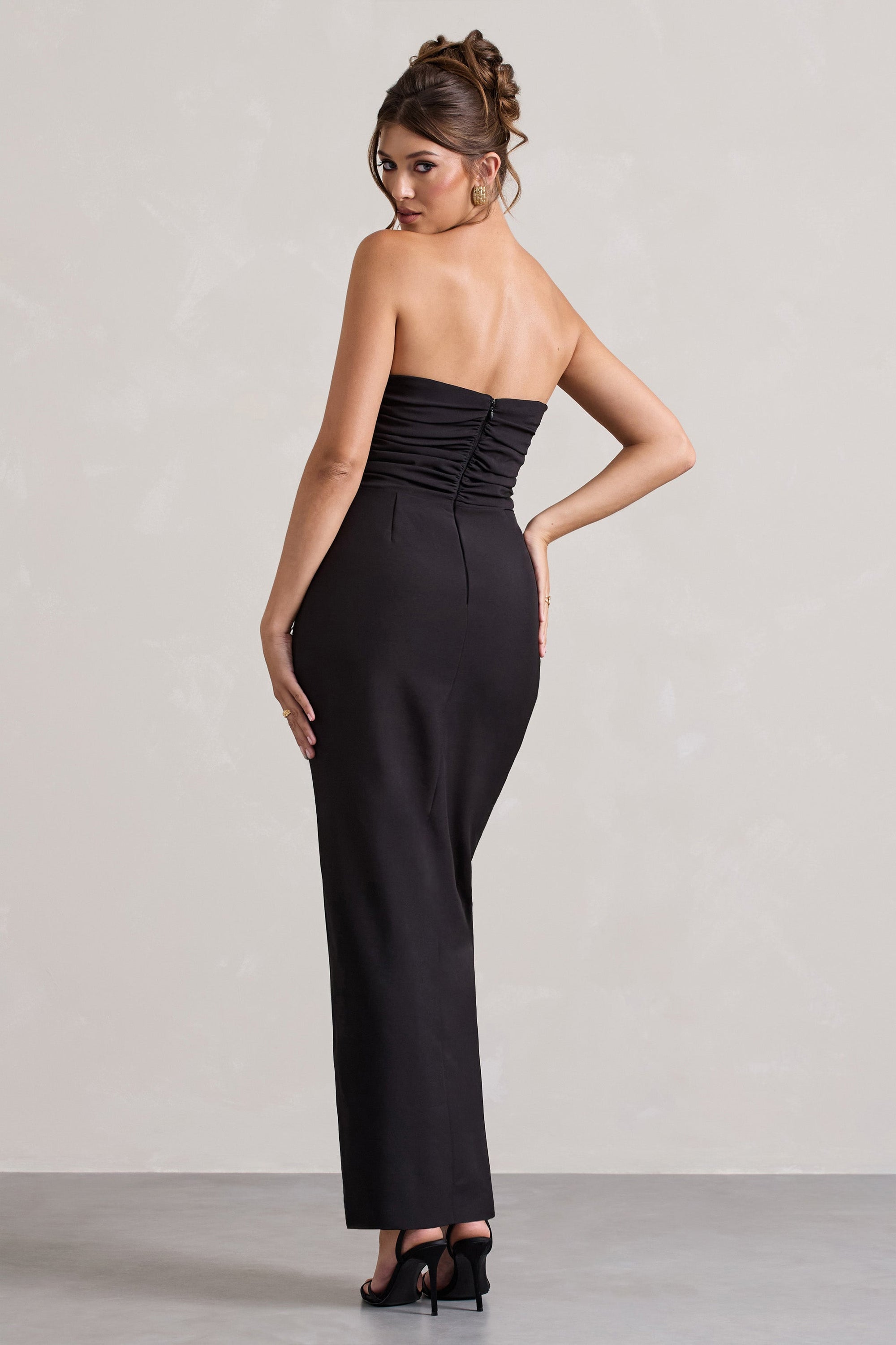 Chosen | Black Bandeau Wrap Maxi Dress With Feather Trim - Club L London - AUS