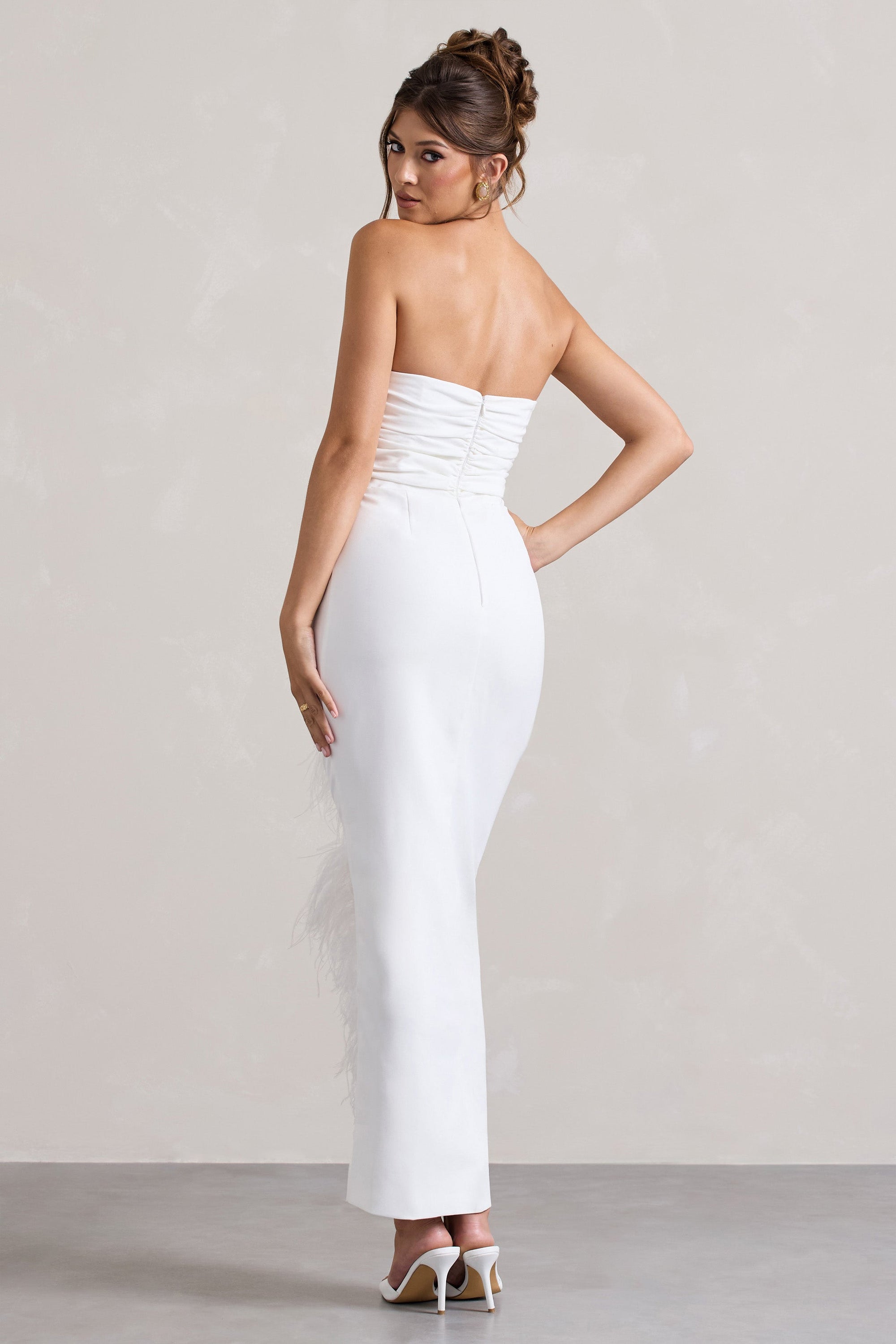 Chosen | White Bandeau Wrap Maxi Dress With Feather Trim - Club L London - AUS