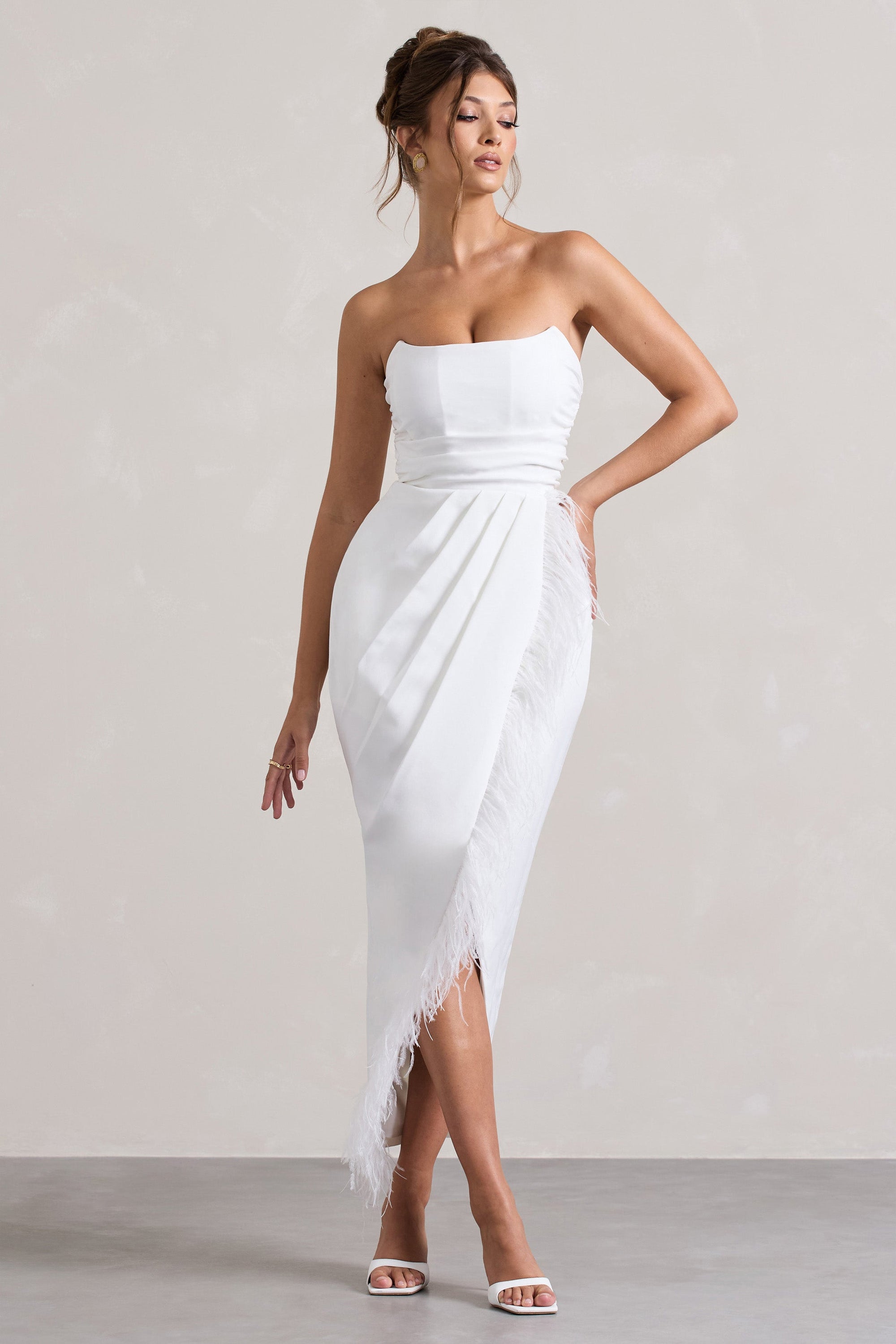 Chosen | White Bandeau Wrap Maxi Dress With Feather Trim - Club L London - AUS