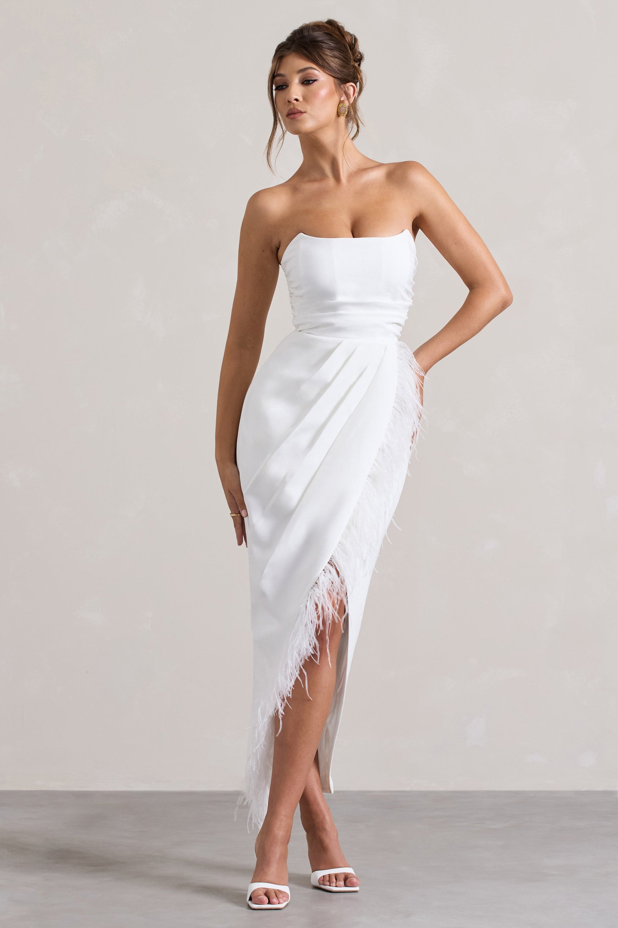 Chosen | White Bandeau Wrap Maxi Dress With Feather Trim - Club L London - AUS