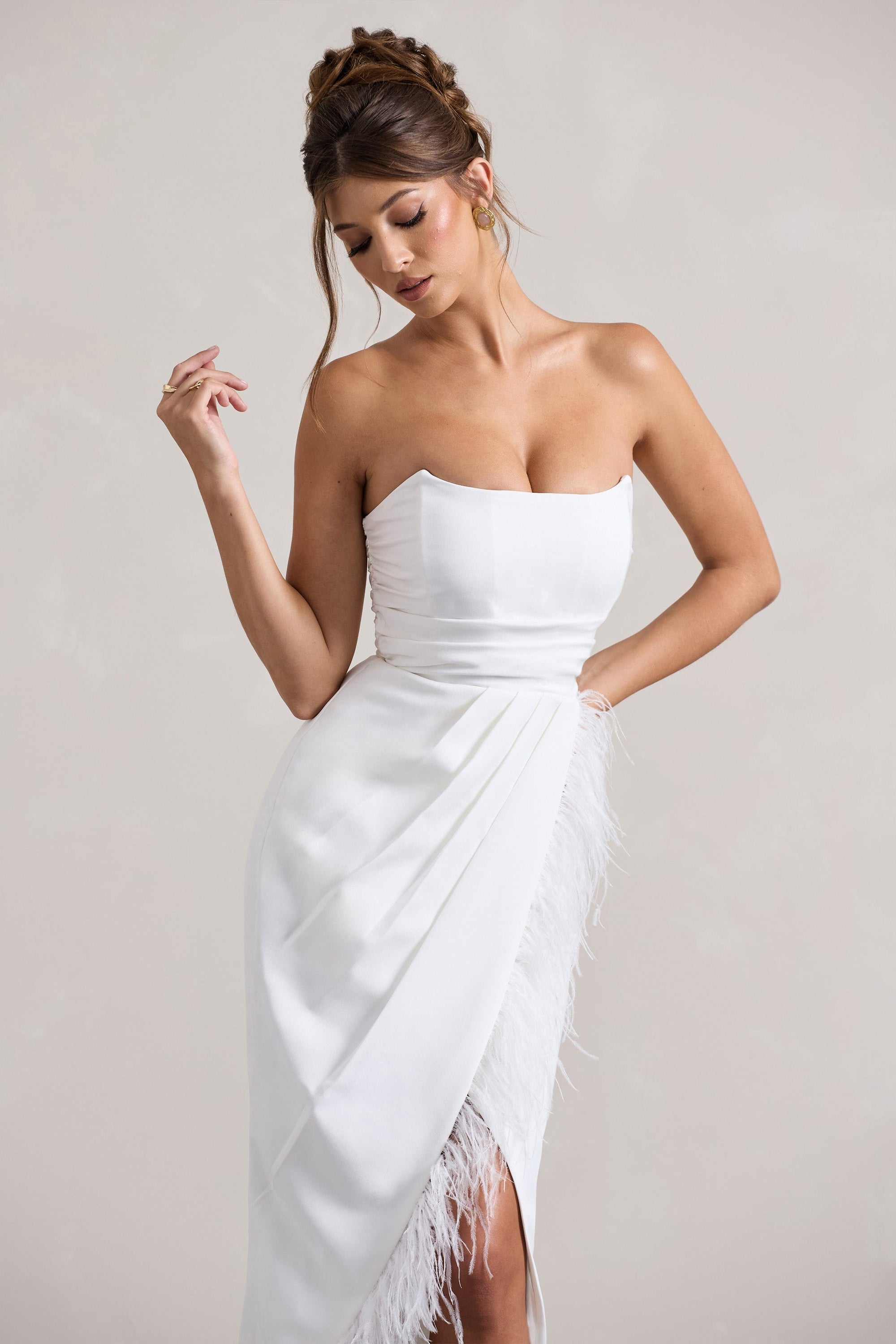 Chosen | White Bandeau Wrap Maxi Dress With Feather Trim - Club L London - AUS