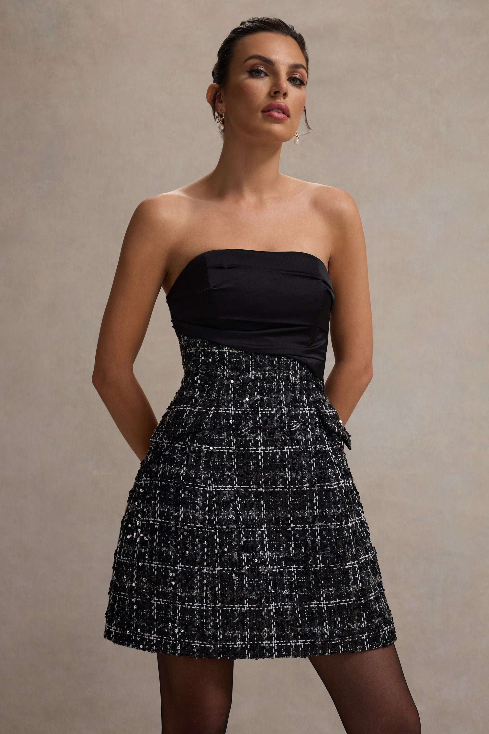 Park Avenue | Black Boucle Strapless Tailored Mini Dress - Club L London - AUS