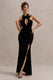 Mystery | Black Velvet Plunge Halter-Neck Split Maxi Dress With Bow - Club L London - AUS