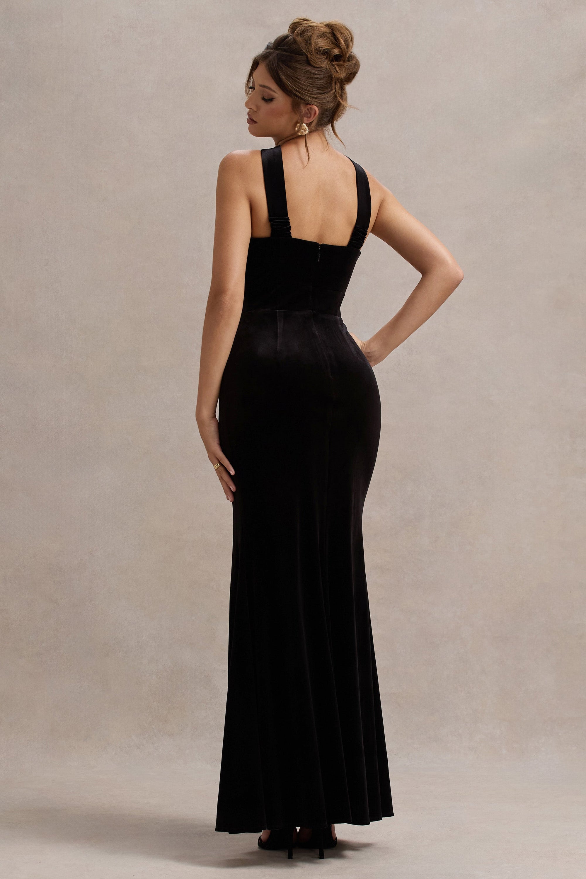 Mystery | Black Velvet Plunge Halter-Neck Split Maxi Dress With Bow - Club L London - AUS