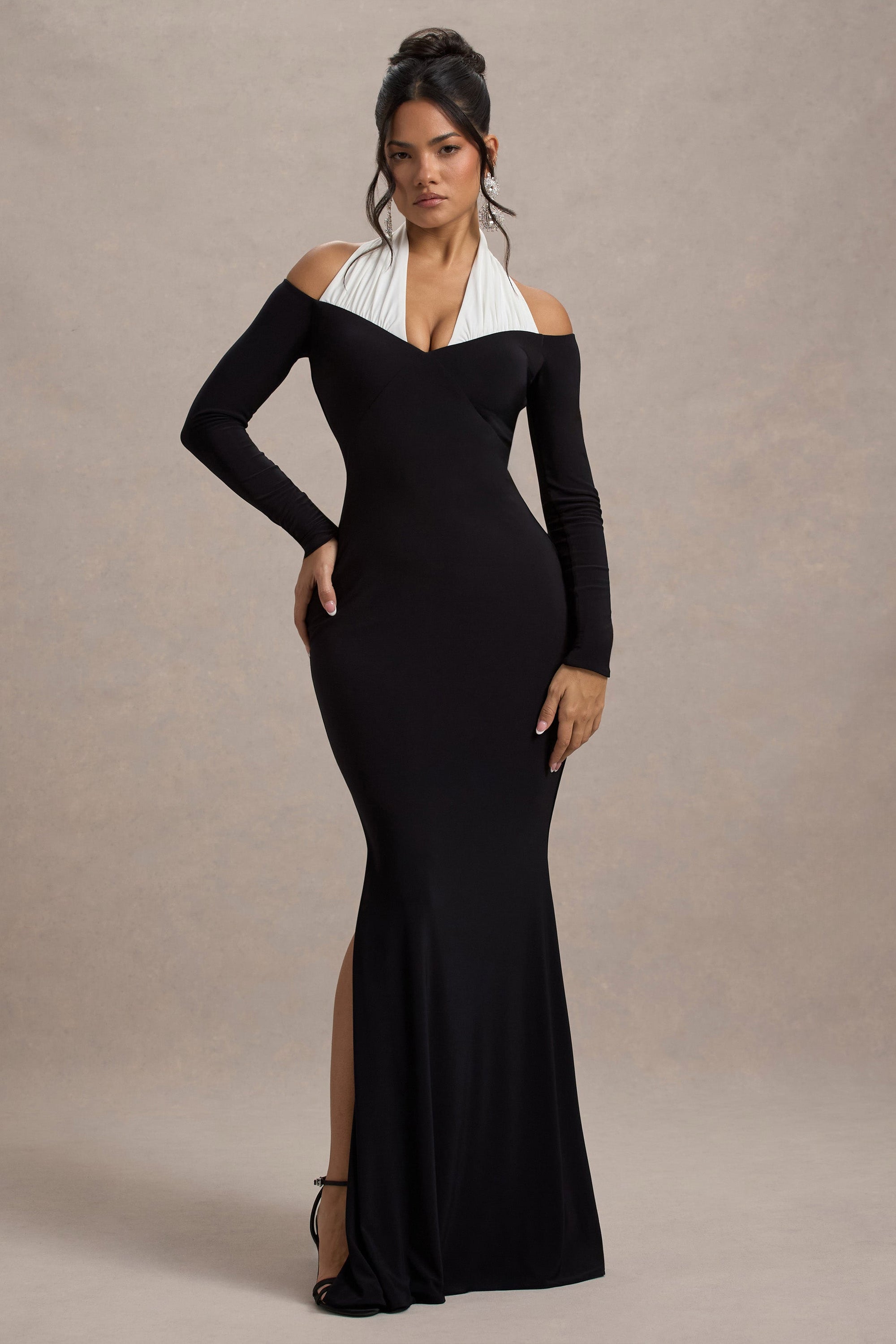 Living High | Black & White Halter-Neck Split Maxi Dress - Club L London - AUS