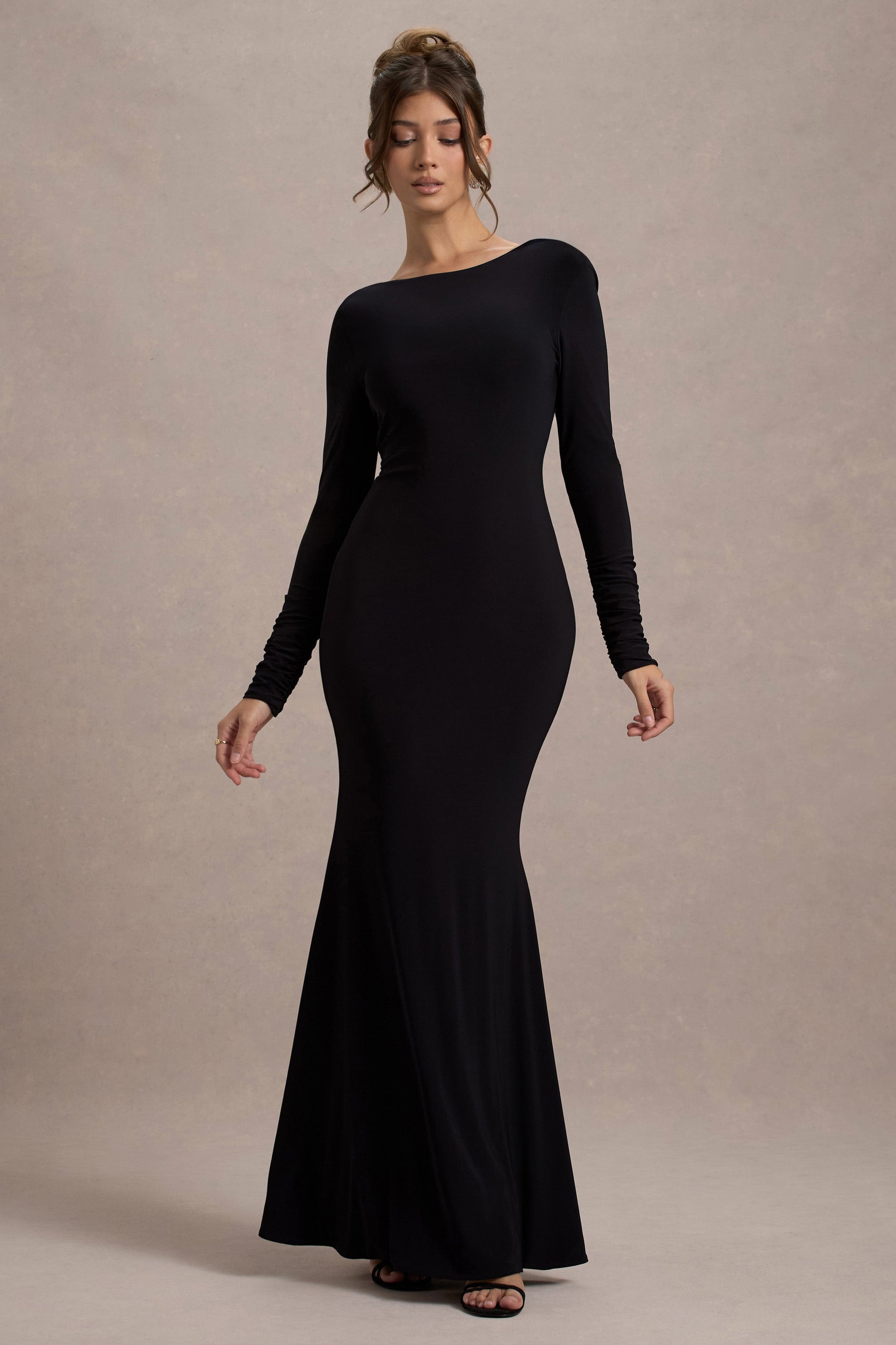 Rosalee | Black Long-Sleeve Cowl-Back Maxi Dress With Bows - Club L London - AUS