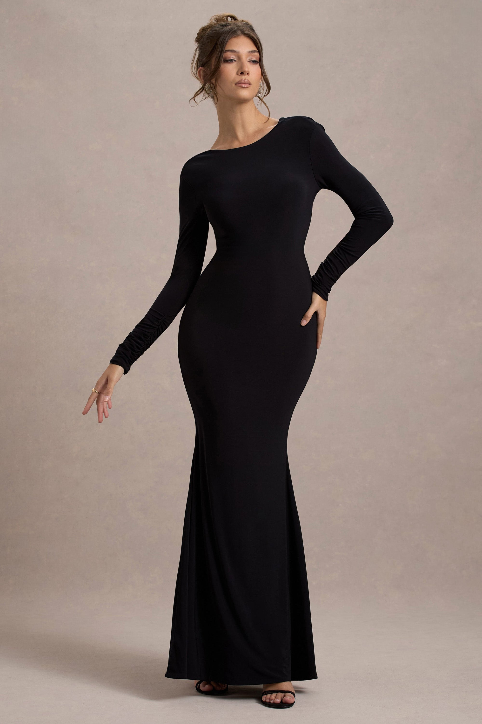 Rosalee | Black Long-Sleeve Cowl-Back Maxi Dress With Bows - Club L London - AUS
